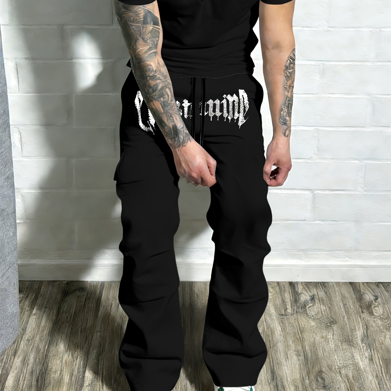 TEMU Men's Short-sleeve T-shirt And Long Pants Set Featuring A Print Round-neck T-shirt And Versatile Solid Color Drawstring Loose Casual Sports