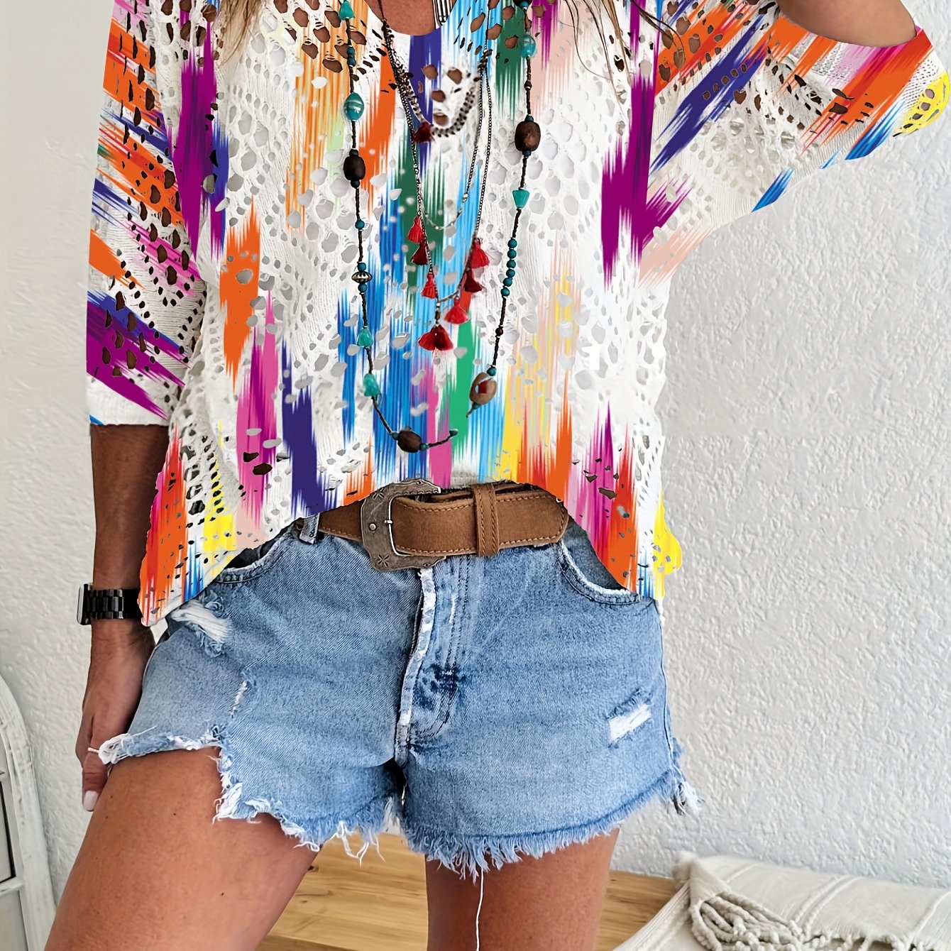 Image of V-neck Hollow Out Sweater - Semi-sheer Short Sleeve Blouse With Full-body Print, Spring Summer Casual & Beachwear, Arabic Suit Compatible, Hand Washable 2516 Style