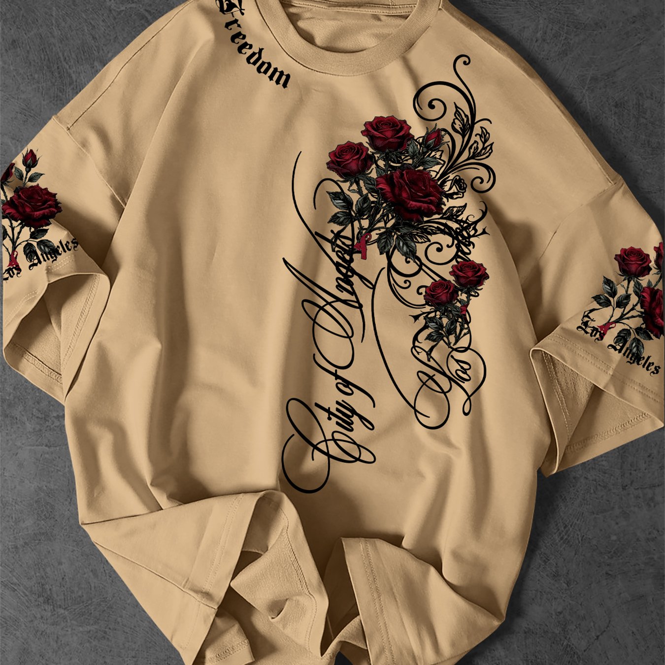 TEMU Men's Oversized Streetwear T-shirt With Angels Red Rose Vine Print - Loose Fit Short Sleeve Round Neck Casual Summer Tee Suitable For Urban