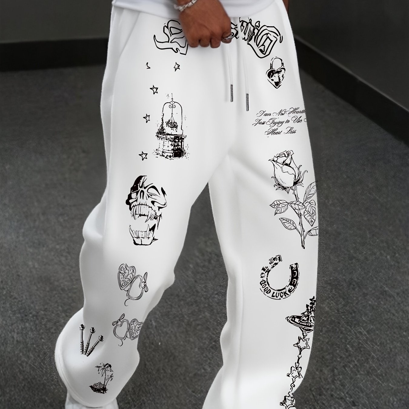 TEMU Pantalones de chándal estilo callejero cintura elástica y estampado de calavera y rosa, pantalones de chándal cómodos para entusiastas de .