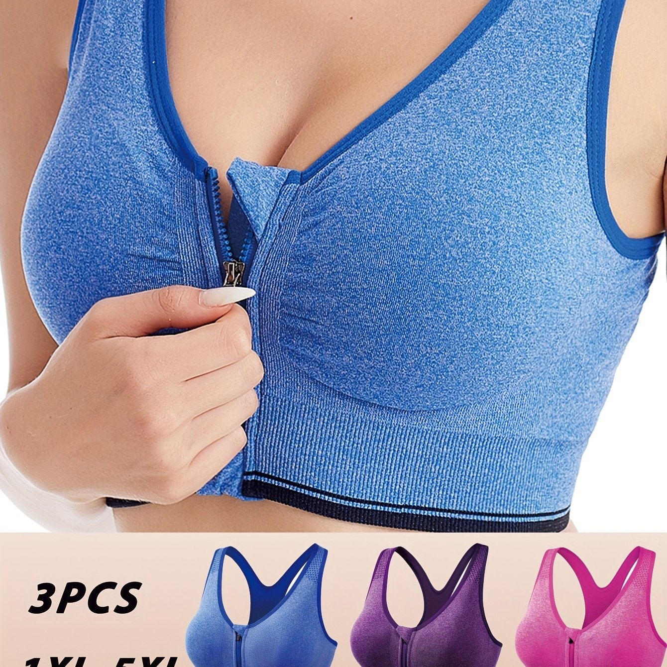 3pcs Plus Size Front Zipper Bras, Comfortable Yoga Bra,women's Lingerie & Underwear