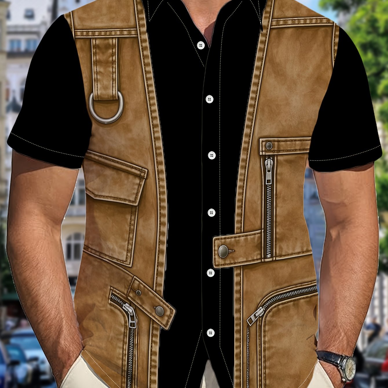 TEMU Denim-like Fake Men's Short Sleeve Shirt Men's Casual Wear Casual Top Suitable For Daily Casual Wear Short Sleeve