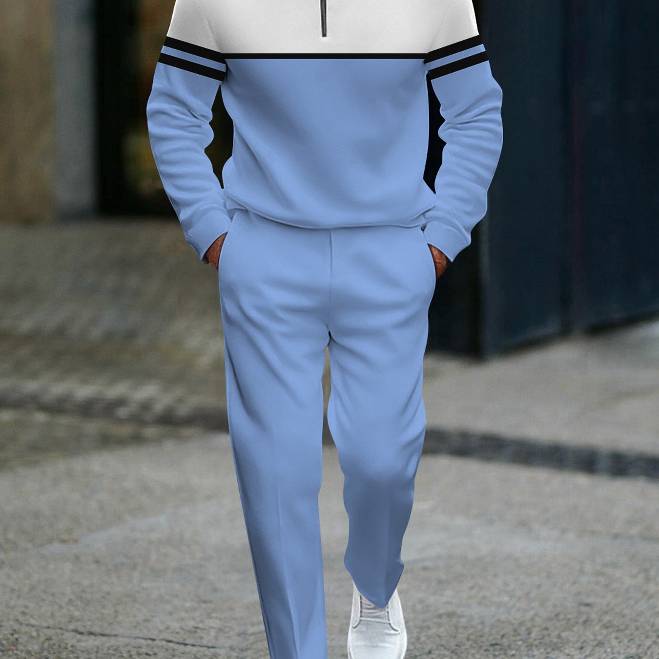 Image of Half Zip Collar Men's Fashion Casual Block 2pcs Tracksuit With White Upper Blue Lower Body Black Striped Sleeves Design Men's Outfits Sportswear For Adults Men Casual Wear