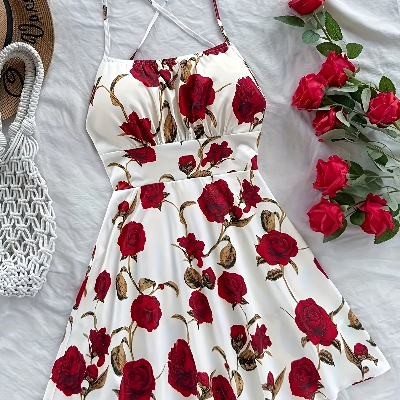 Image of Women's Elegant And Sexy Print Dress With Spaghetti Straps, Back Tie, And Chest Detail