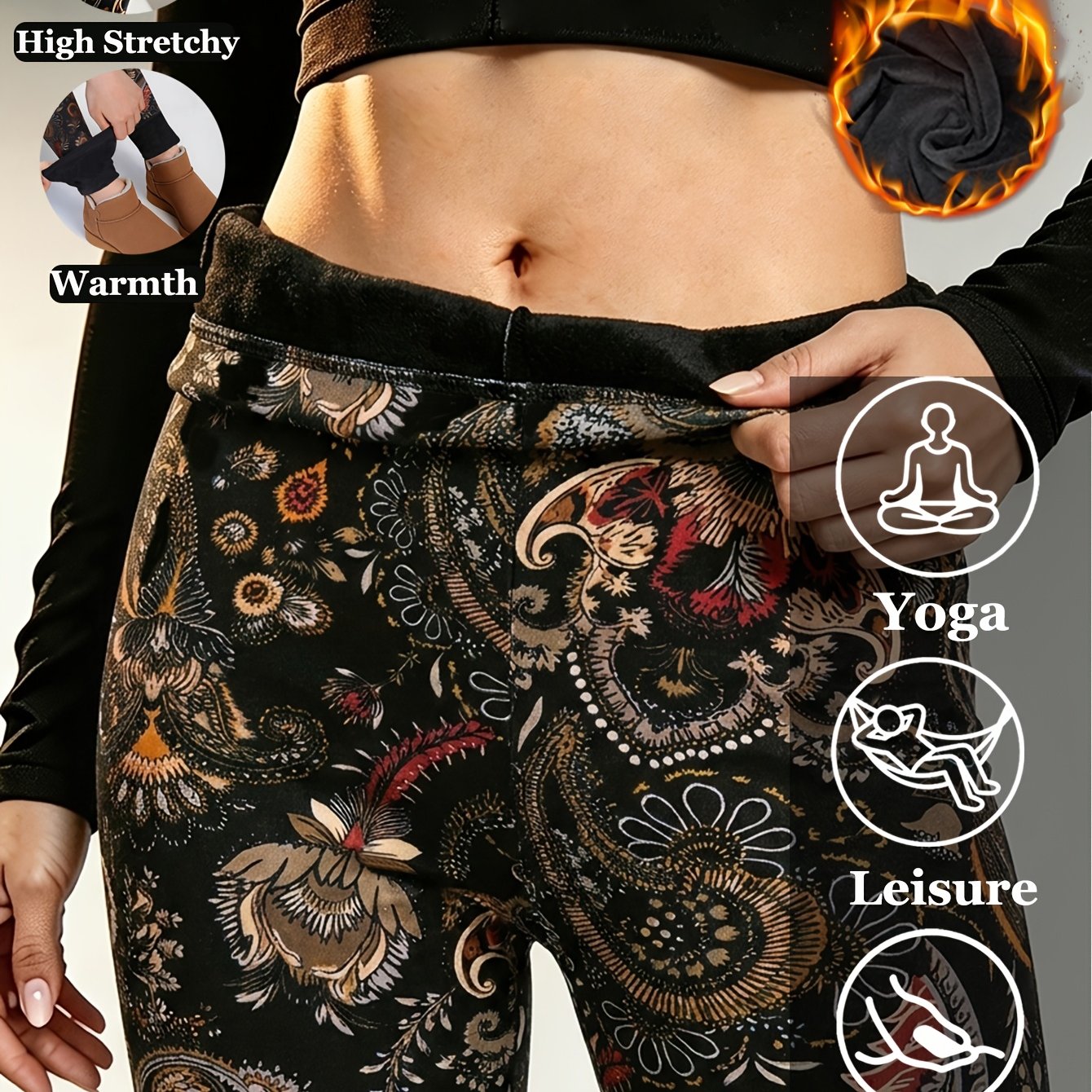TEMU Winter Damen High Elastic Paisley Ethnische Vintage Blumenmuster Samtgefütterte Yoga Leggings Mode Western Print Stretch Weicher Bequemer Stoff