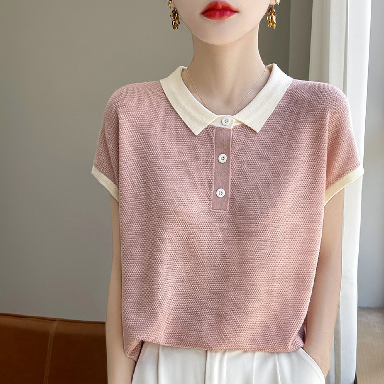 TEMU Women's Spring/summer -synthetic Blend Collar Sweater, Women's Contrasting-color Short-sleeve Loose Top, Women's T-shirt, Color-, Fashionable,