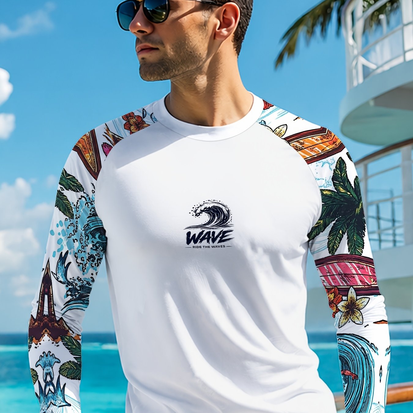 TEMU Men's Surfing Element Long-sleeve T-shirt With Fashionable Print Design, Suitable For Beach Vacation And Casual Wear, Comfortable And Breathable