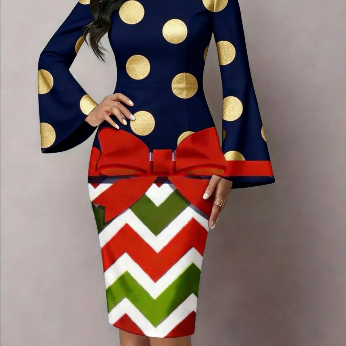 Image of Plus Size - Plus Size - Large Size Women's Slim-fitting Elegant Party Dress | Round Neck, Polka Dot Long-sleeved Horn-sleeved Pencil Skirt, Suitable For Christmas Parties, Weddings, , Wear