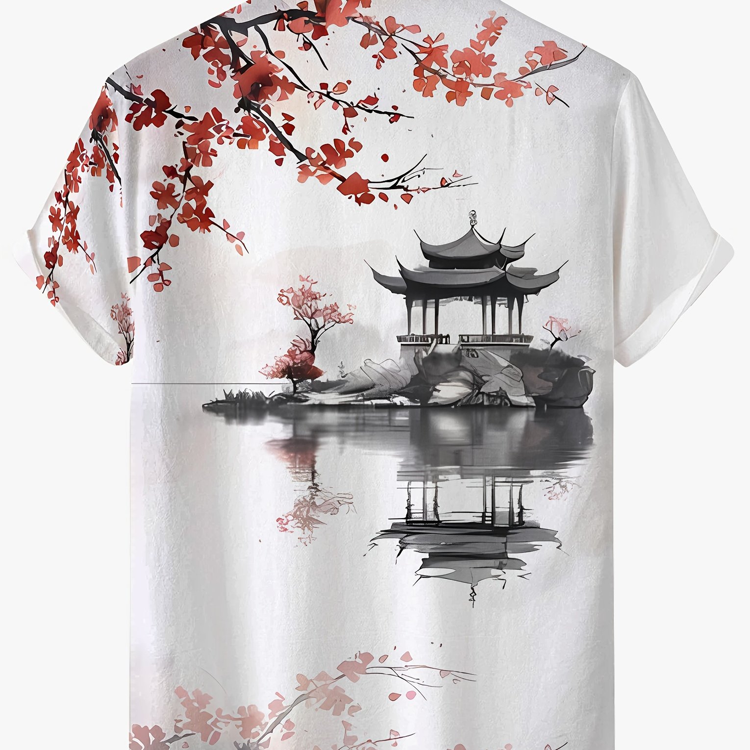 TEMU Chemise à manches courtes imprimée pour homme avec et motif architectural asiatique, une chemise décontractée coupe régulière pour les activités