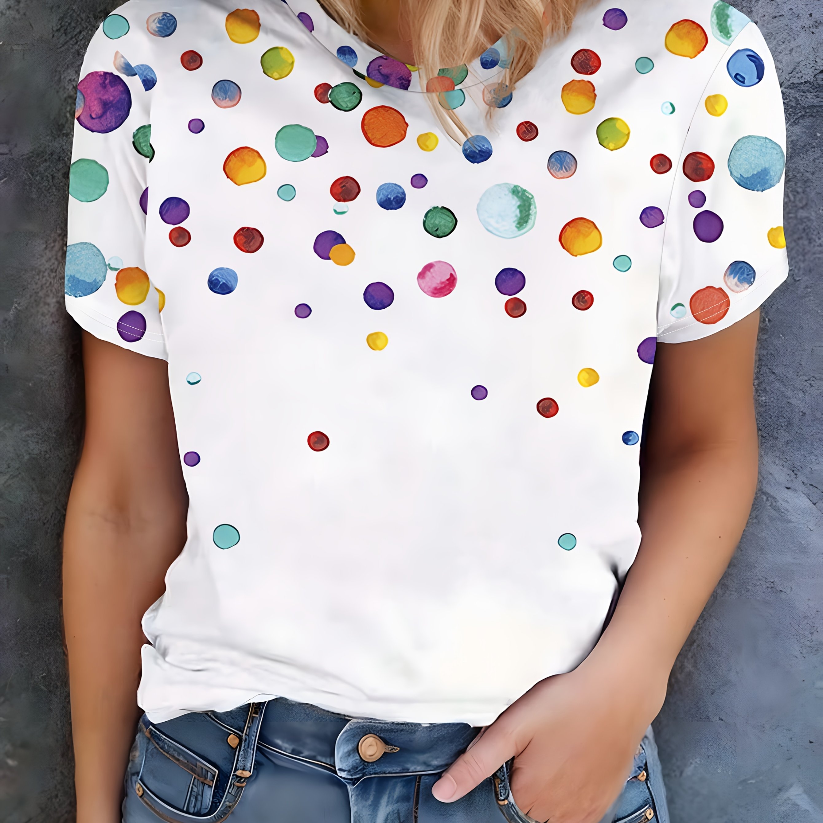 TEMU Women's Vibrant Polka Dot Watercolor Print T-shirt - Casual 3d Embellished Top, Short Sleeve, Round Neck, 100% Polyester, Machine Washable,