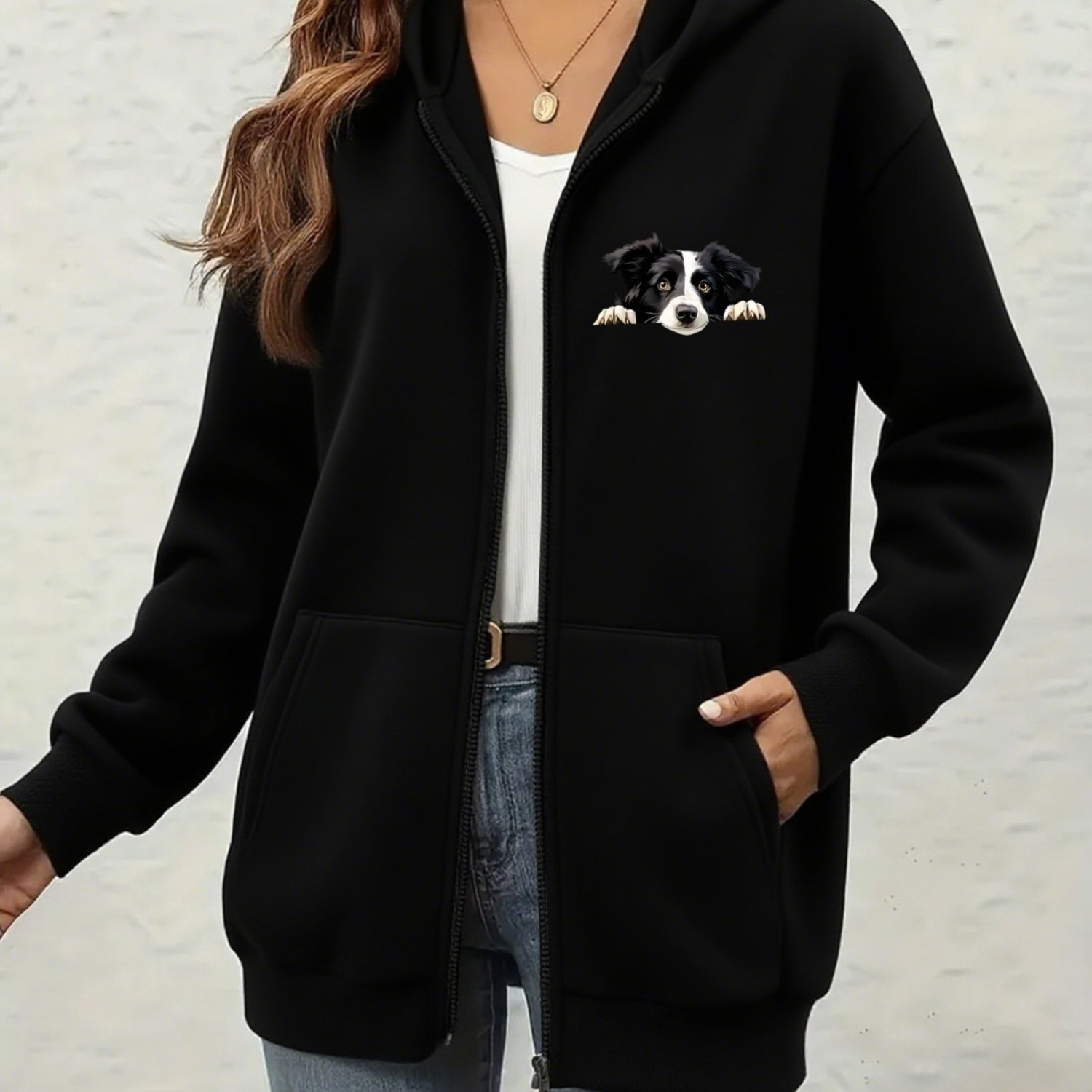 TEMU Black And White Border Collie Peeking Dog Pattern Trendy New Style, Women's Zip-up Hooded Sweatshirt Jacket, Loose Fit, Gift For Her, Warm And