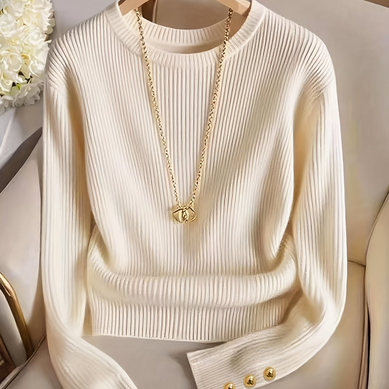 TEMU Women' Color Elegant Round Neck Metal Button Decor Long Sleeve T-shirt, Top, And Delicate, Suitable For Spring And Autumn, Vintage Fashion,