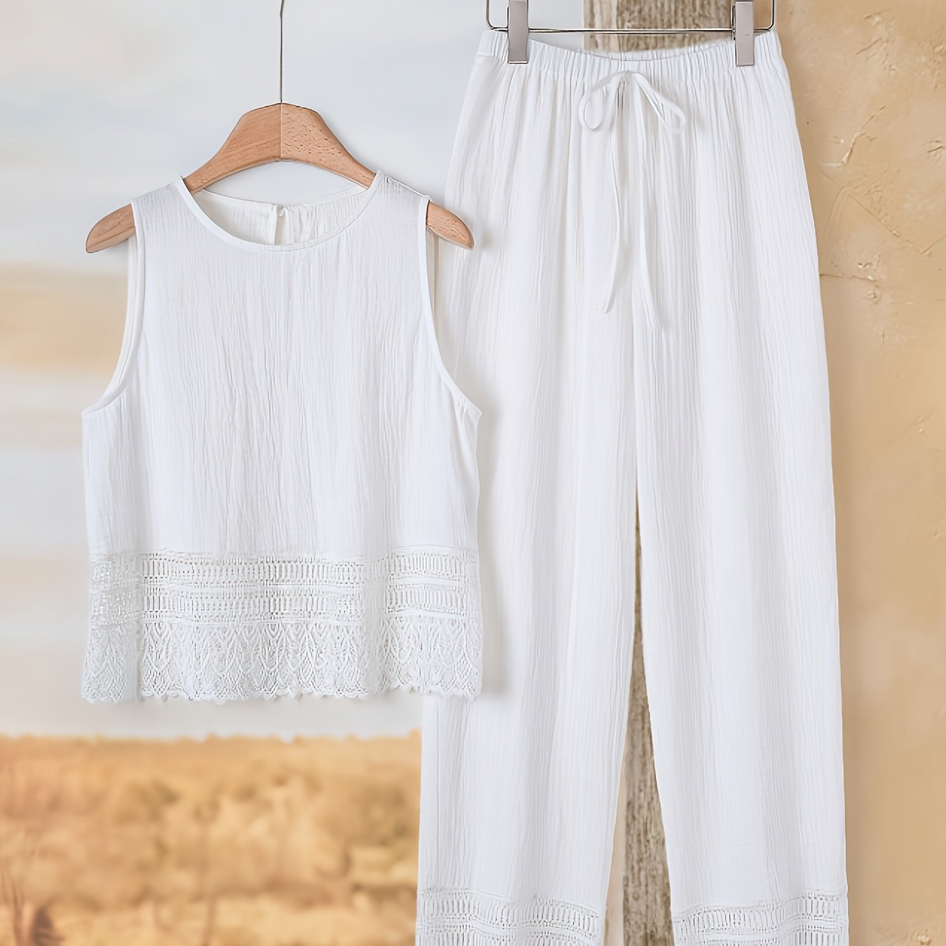 TEMU Elegant Women's Top With Lace Hem, Loose Pants With Lace Hem, Country Style Women's Clothing, Niannian