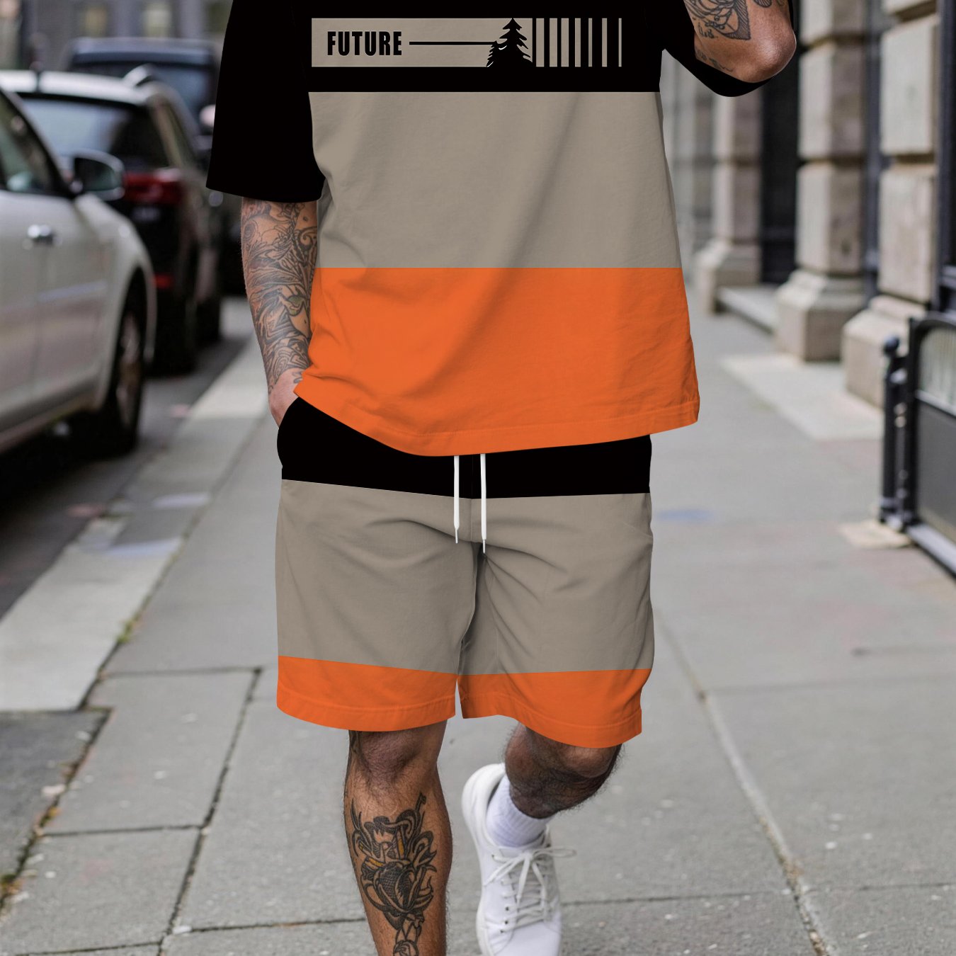 TEMU Men's Spring/summer Casual Short-sleeve Set, Black And Orange Colorblock Future Letter Print Short-sleeve Set, Trendy Short-sleeve And Shorts