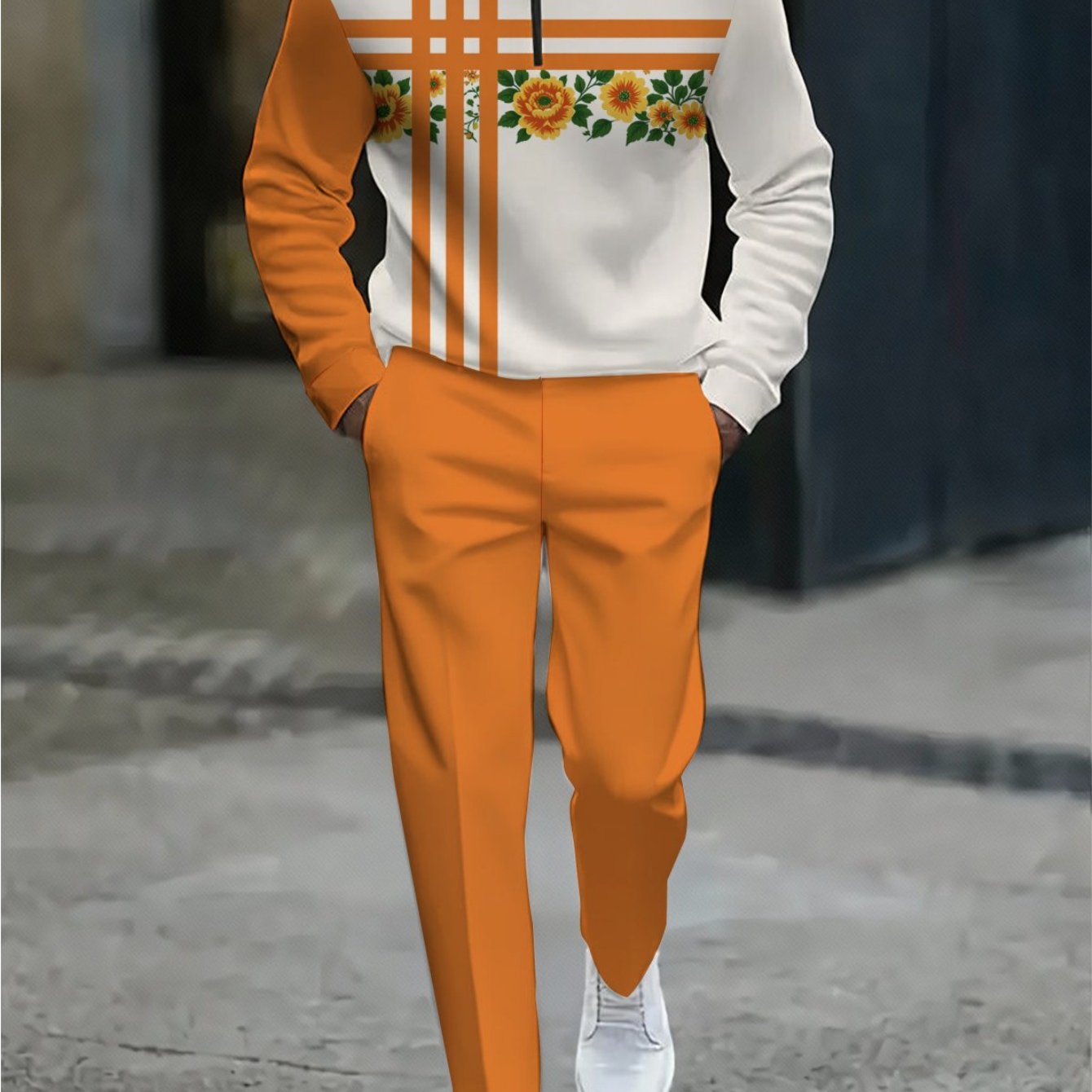 Image of [printed Design - Not Textured] Stand Collar Half Zip Long Sleeve Floral Graphic Straight Leg Pants Set Men's Fashion Style Adults Men Party Outfit Daily Wear