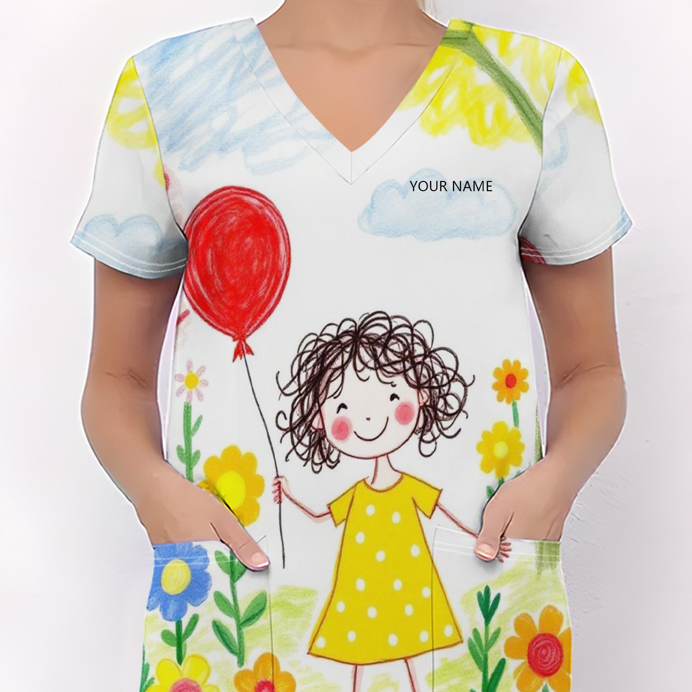 TEMU Plus Size, Custom Plus Size Women's Stylish V-neck Short-sleeve Scrubs With Pockets, Featuring Cartoon Elements, Breathable And , Suitable For