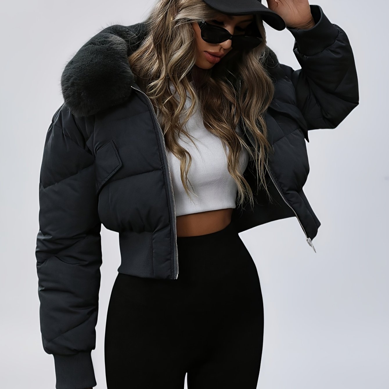 TEMU Manteau court à manches longues pour femmes, veste gonflante avec col doublé et poches de taille, vêtement d'hiver épais, lavable en machine,