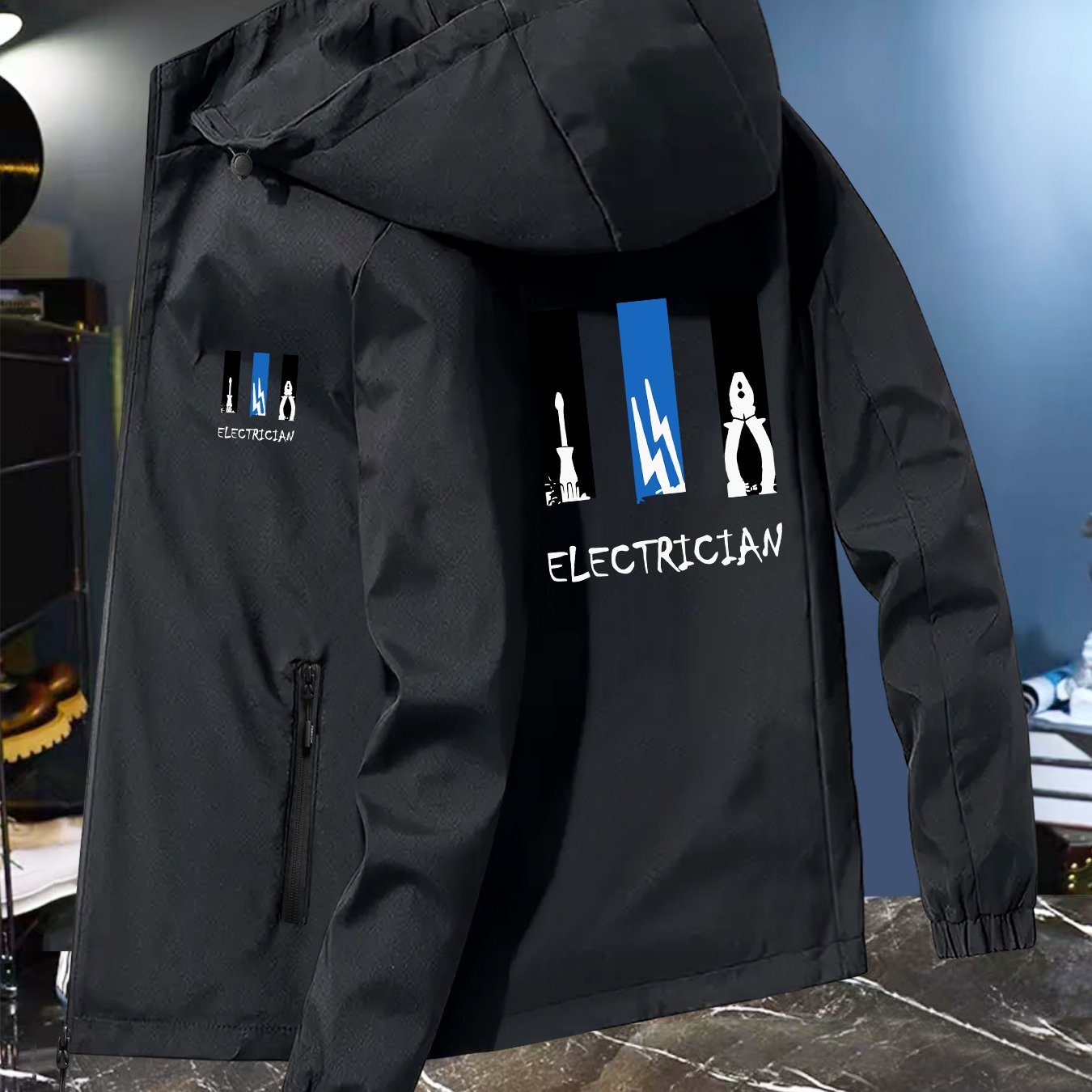 TEMU New Style Unisex Windbreaker Jacket With Electrician Pattern, Breathable Outdoor Mountaineering Wear, Couple's Style For Outdoor And