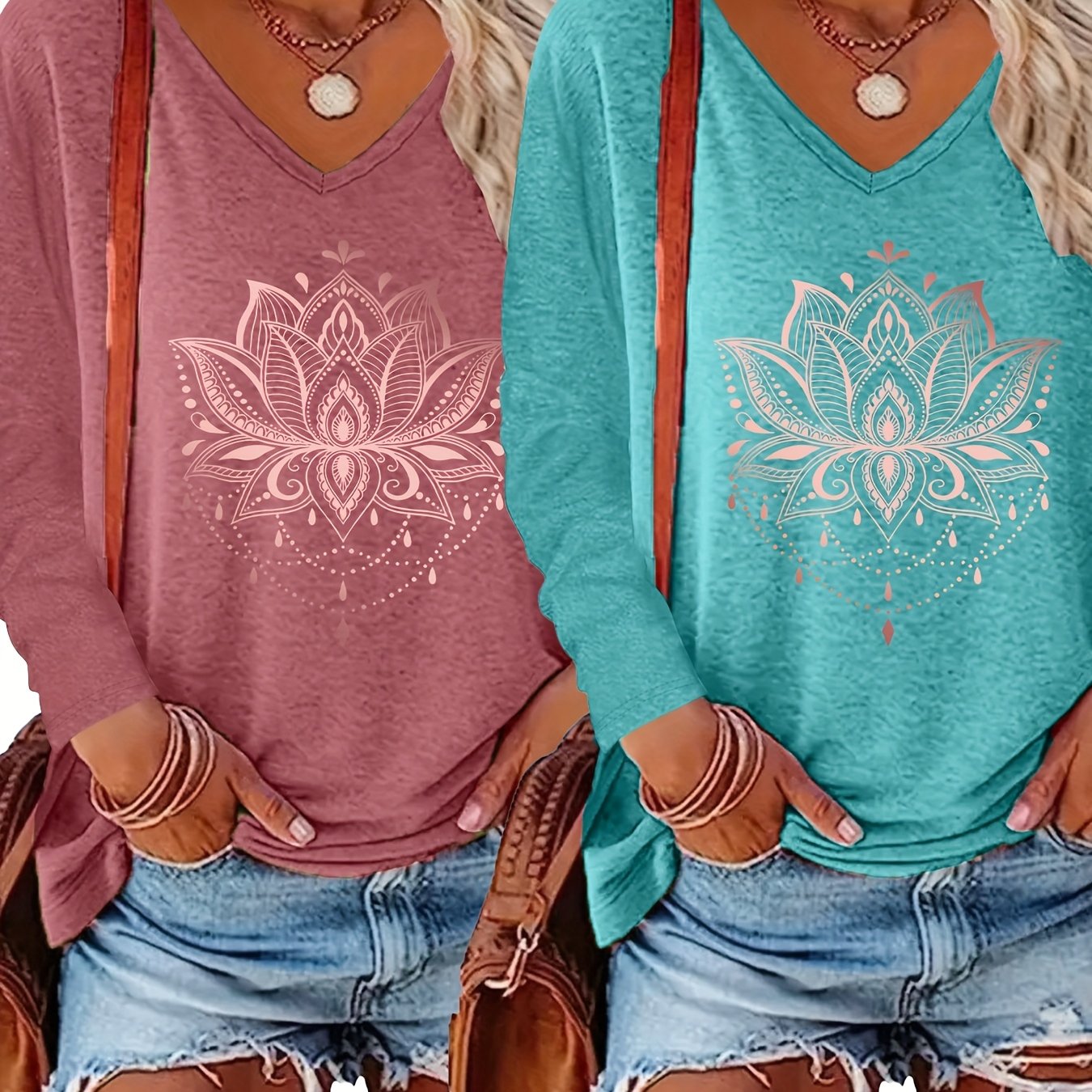 Image of 2pcs V-neck Long Sleeve Printed Top, Casual Loose Fit Spring/autumn Base Layer Long Sleeve T-shirt, Women's Wear, Machine Washable - Suitable For Spring/autumn Daily Wear And Home