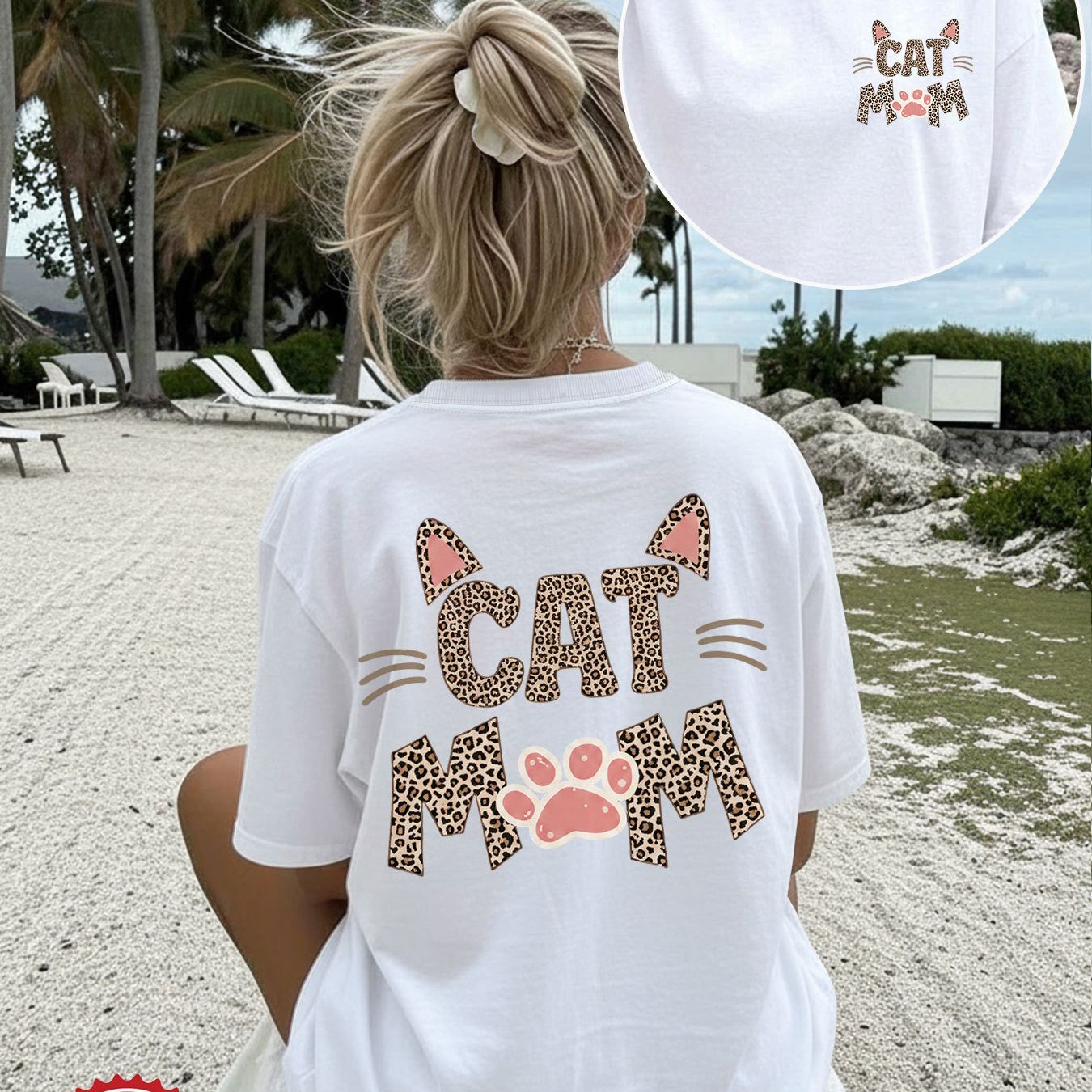 Image of [double-sided Print] Spring Summer 's Top, Beach Fashion Cat Mom Cat Ear Paw Print Round Neck Short Sleeve Pure Oversized Drop Shoulder Casual T-shirt
