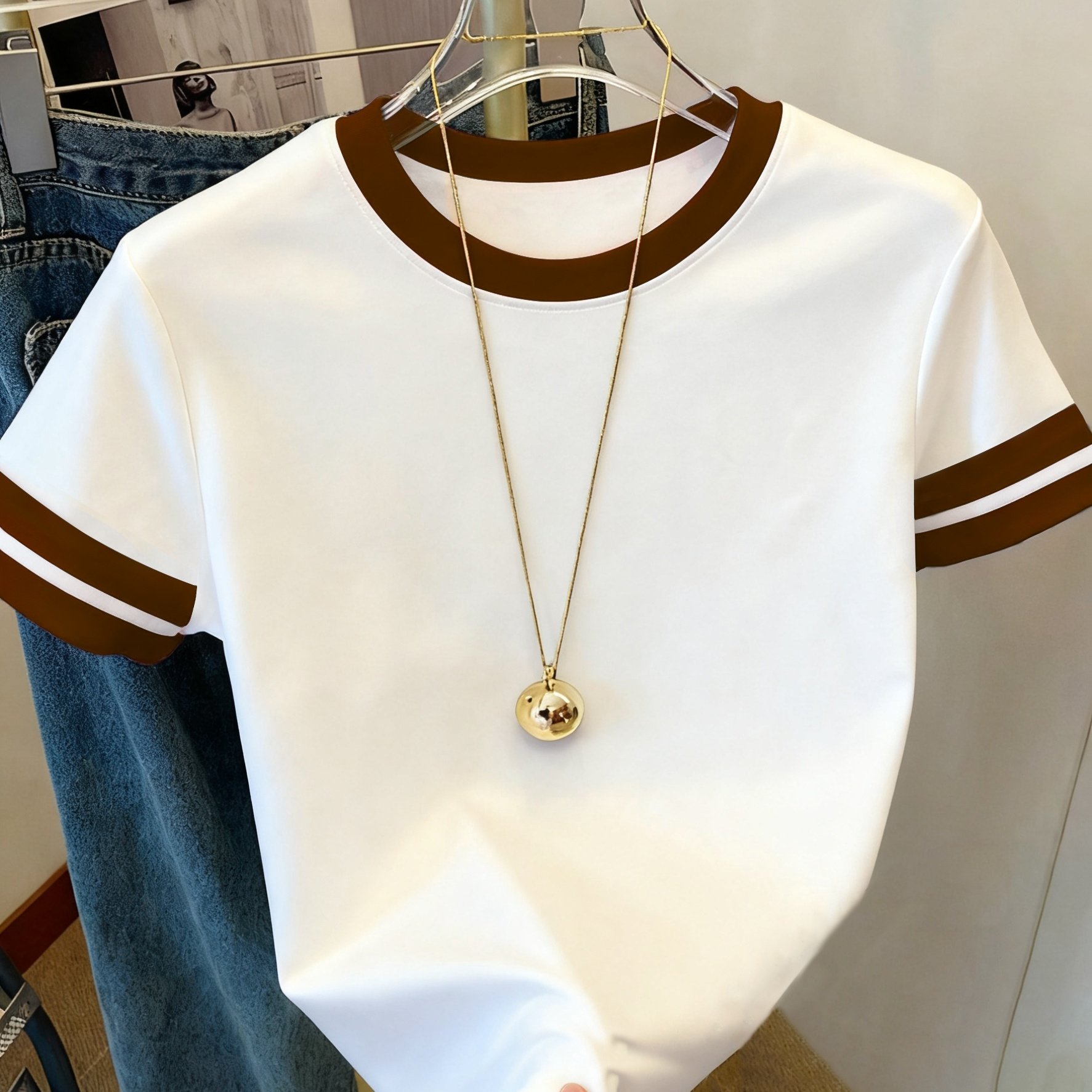 TEMU Women's Y2k Color-block Summer Round Neck Short Sleeve T-shirt - Breathable Round Neck Casual Top, Loose Fit, Casual Wear