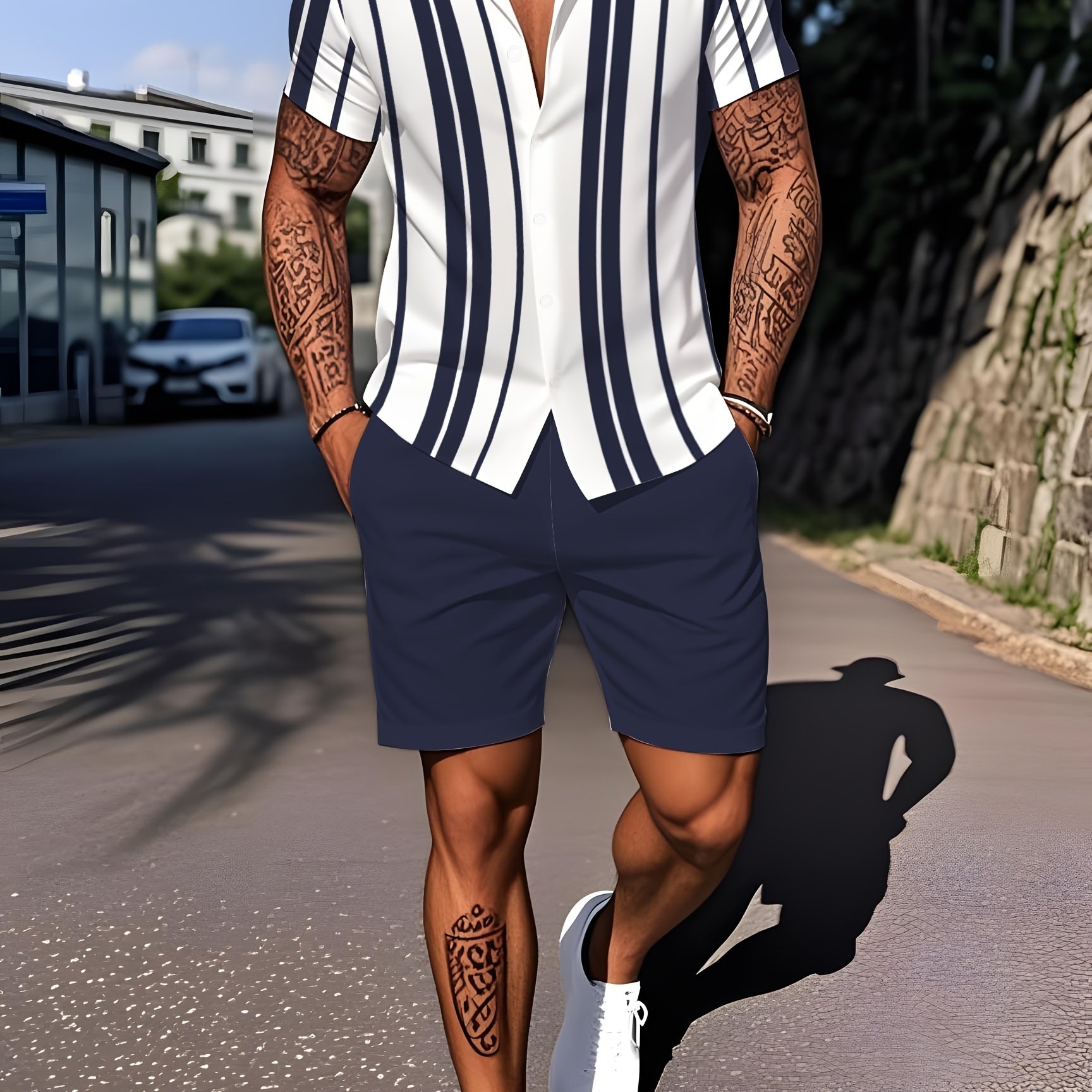 TEMU Classic Striped Print Men's Casual Fashion Shirt And Shorts Set, Comfortable And Men's Clothing, The Perfect Essential Gift For Men