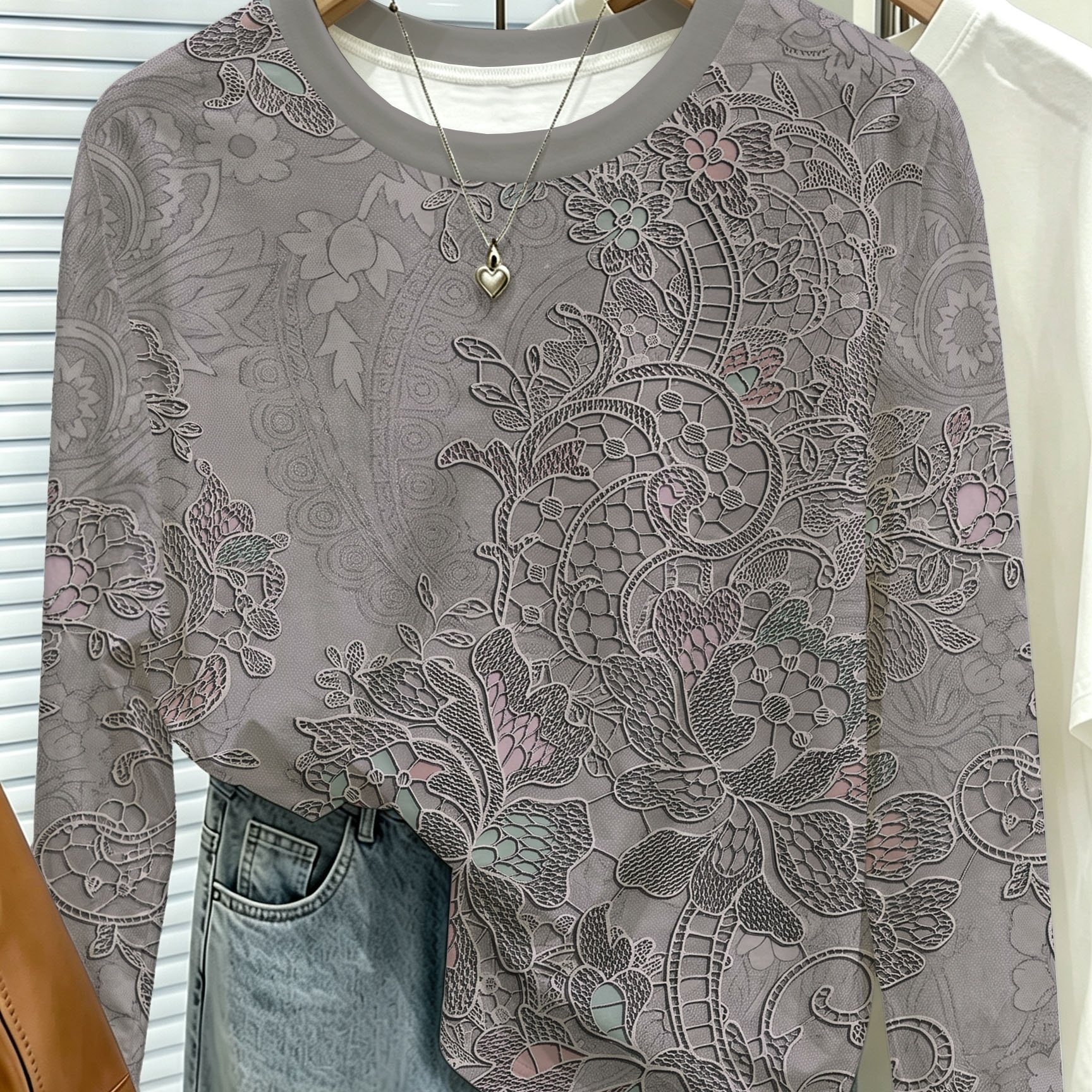 TEMU Faux Vintage Lace Floral Print Round Neck Long Sleeve, Skin-friendly Soft Breathable Fabric, Machine Washable And Fade-resistant, Easy Style,