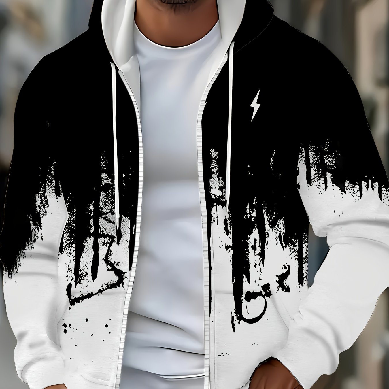 Men's Long Sleeve Zip-up Lightning Pattern Hooded Sweatshirt, Autumn Winter Casual Outdoor Jacket With Drawstring And Pockets