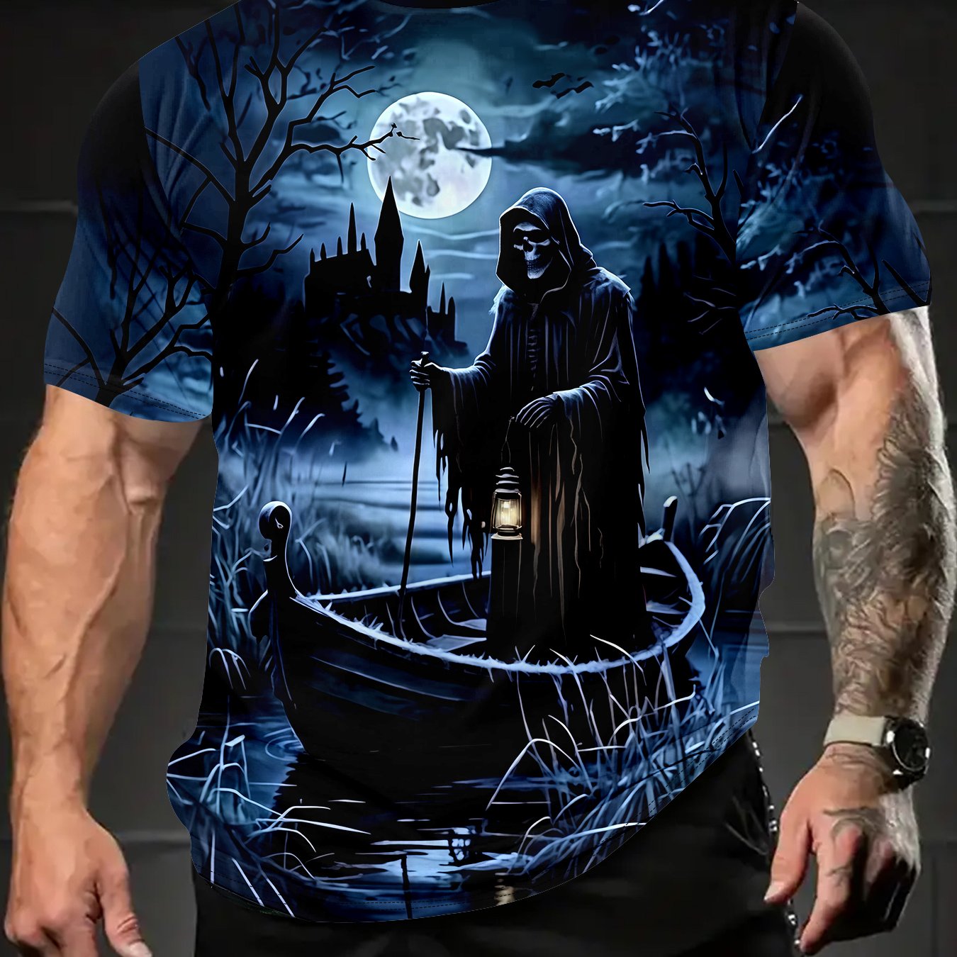 TEMU Gothic Reaper On Boat 3d Print Men's Casual T-shirt â Castle Night Scene, Round Neck Summer Outdoor Wear, & Gym Top, Perfect For Running,