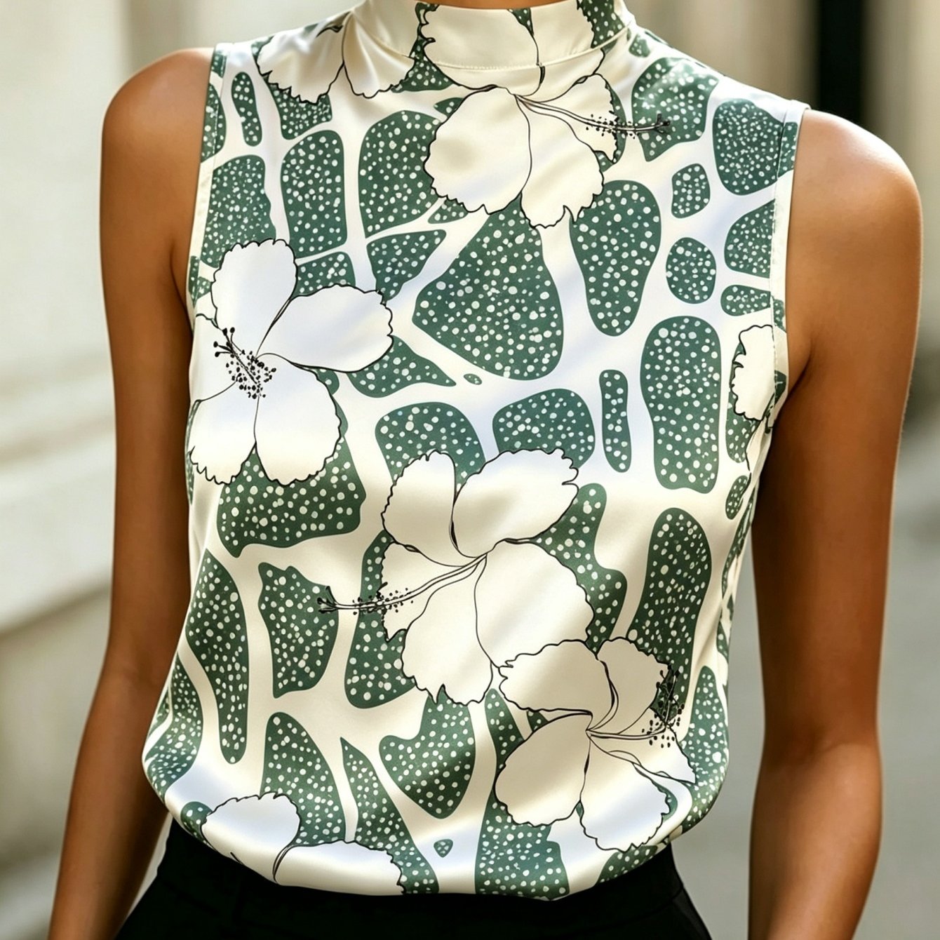 Image of Women's Summer Tops Satin Sleeveless Blouse Collar Tank Top White Flowers Green Spots Elegant Comfortable Summer Women's Apparel Fashion Ideal For Dates Daily Wear Perfect Gift Option