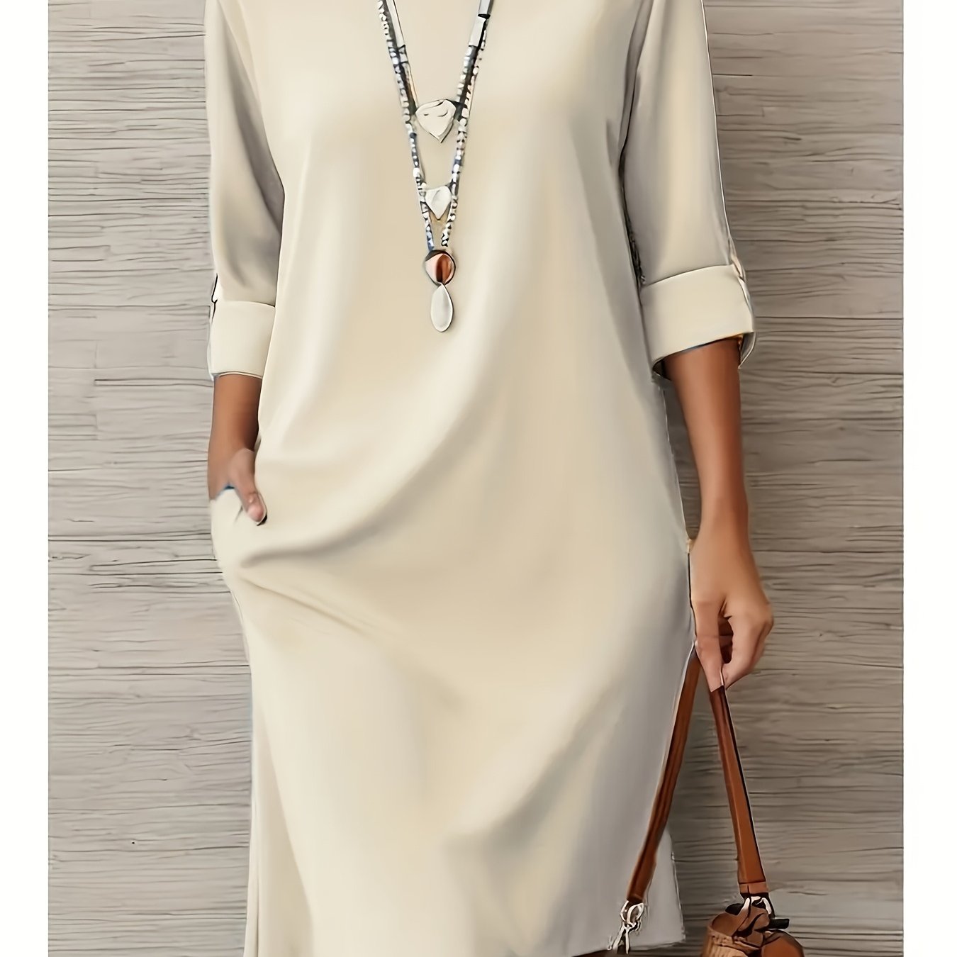 TEMU Women's Casual Summer Solid Color Knee-length Dress- Round Neck Slim Fit Design, Side Slit, Lightweight Breathable Fabric, Suitable For Warm
