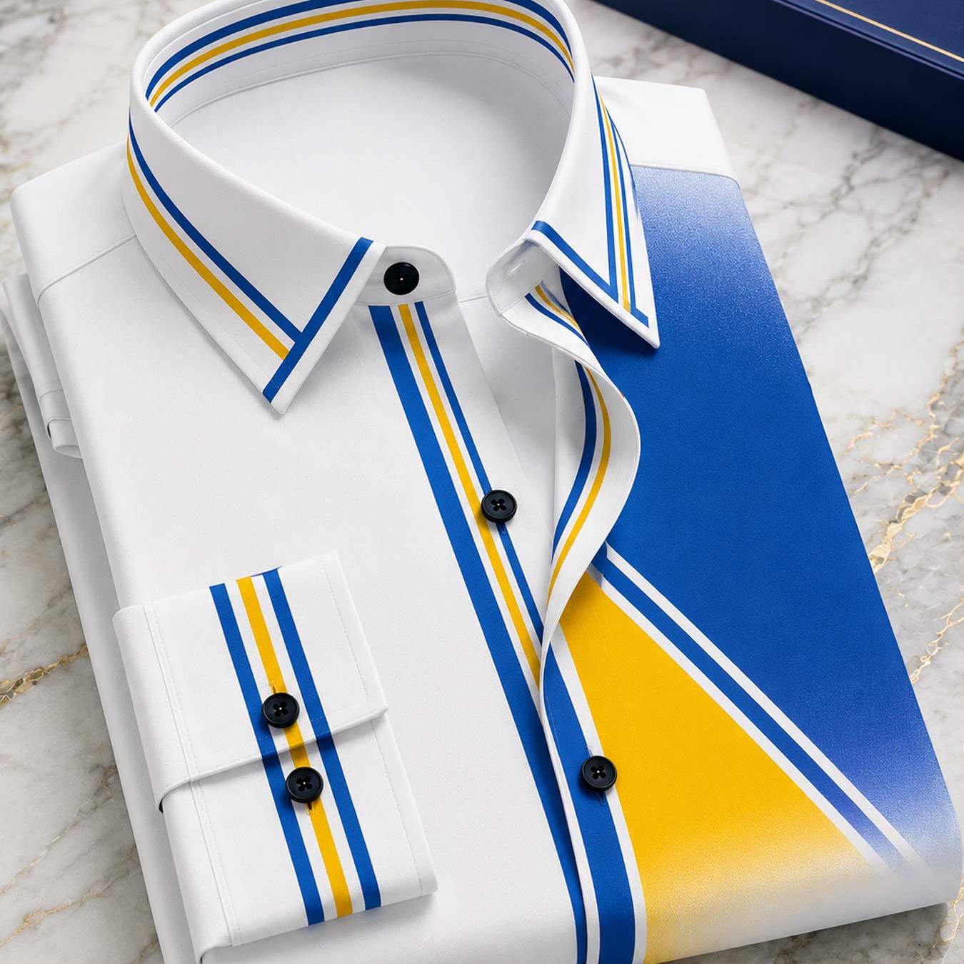 TEMU Summer '-button Collar Long Sleeve Shirt, Blue And Yellow Striped Design, Elegant Style Suitable For Business Meetings And Formal Parties