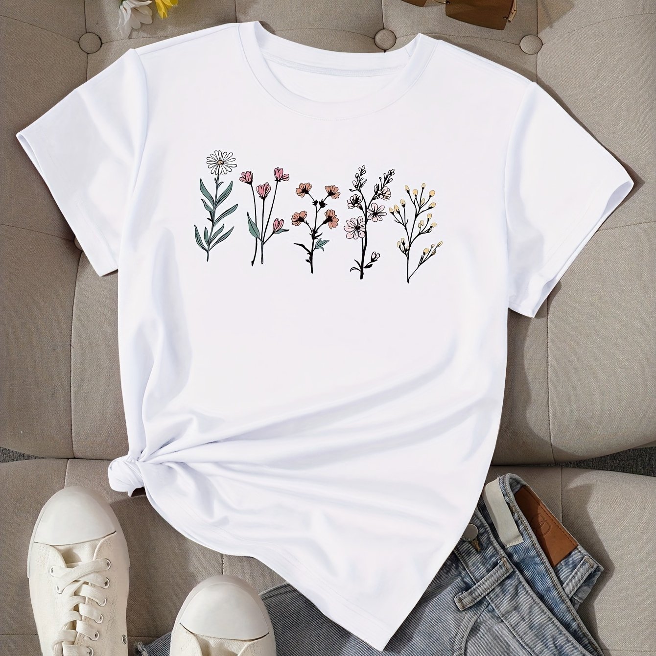 Women's Floral Print T-shirt, Casual Crew Neck Short Sleeve Top, Summer & Spring Knit Fabric, 95% Polyester 5% Elastane, 180gsm - Grey