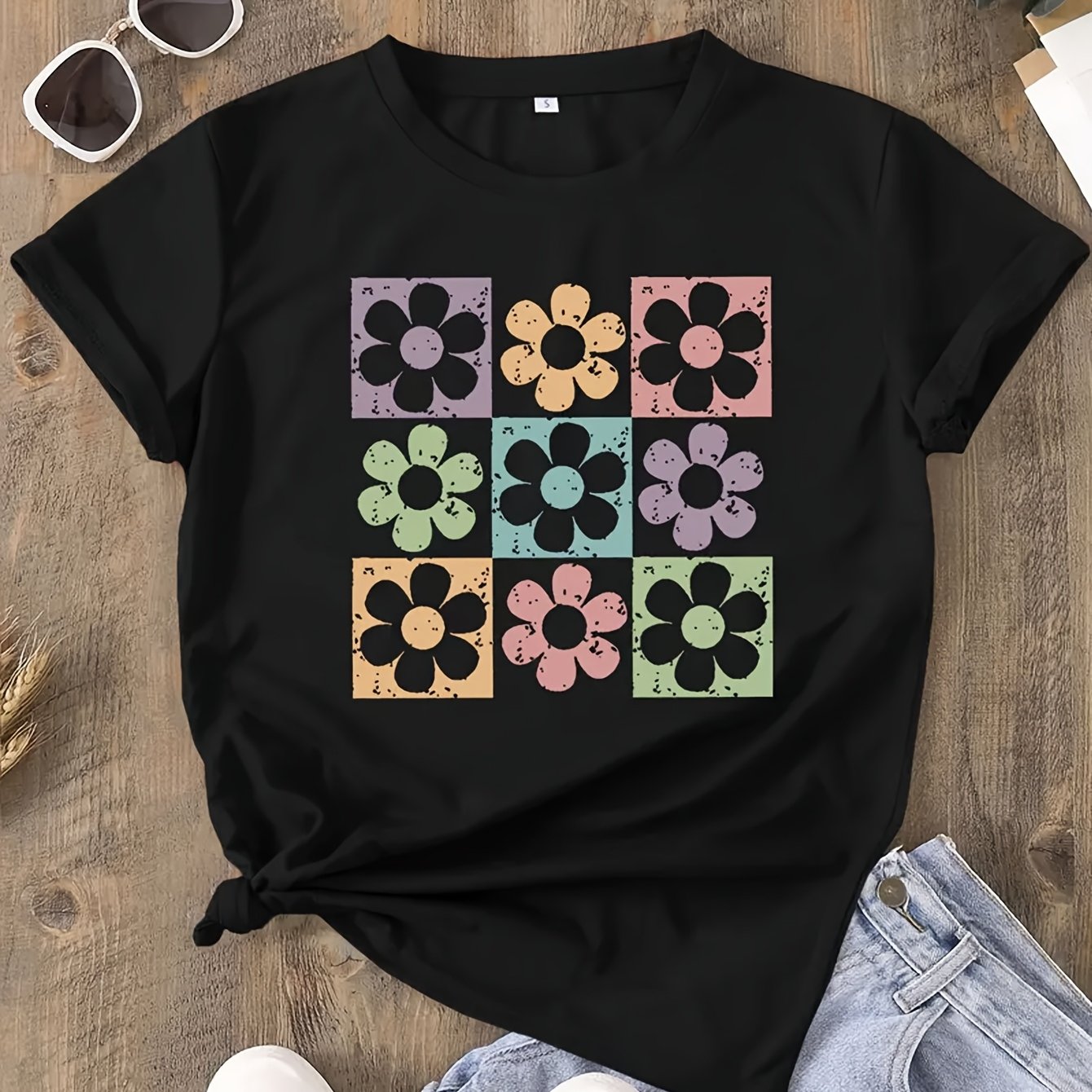 TEMU Floral Print Short-sleeve Round-neck Casual Top For Women's Summer And Spring Wear