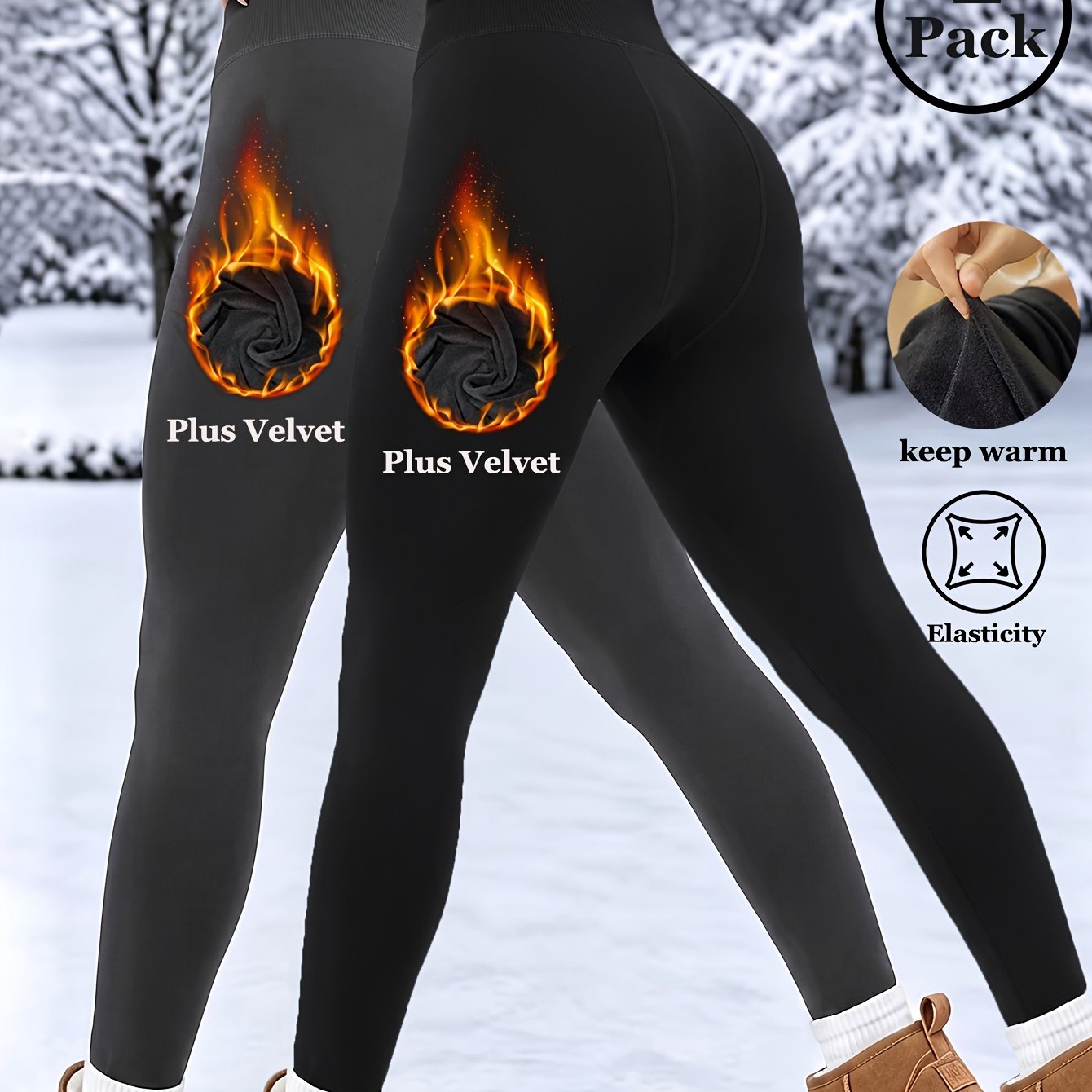 TEMU 2er Pack Damen Herbst Winter Stulpen-Style Leggings Samt Warm Uni Farbe Verdickte Stretchige Tights Hosen Hochelastischer Stoff Ideal Street