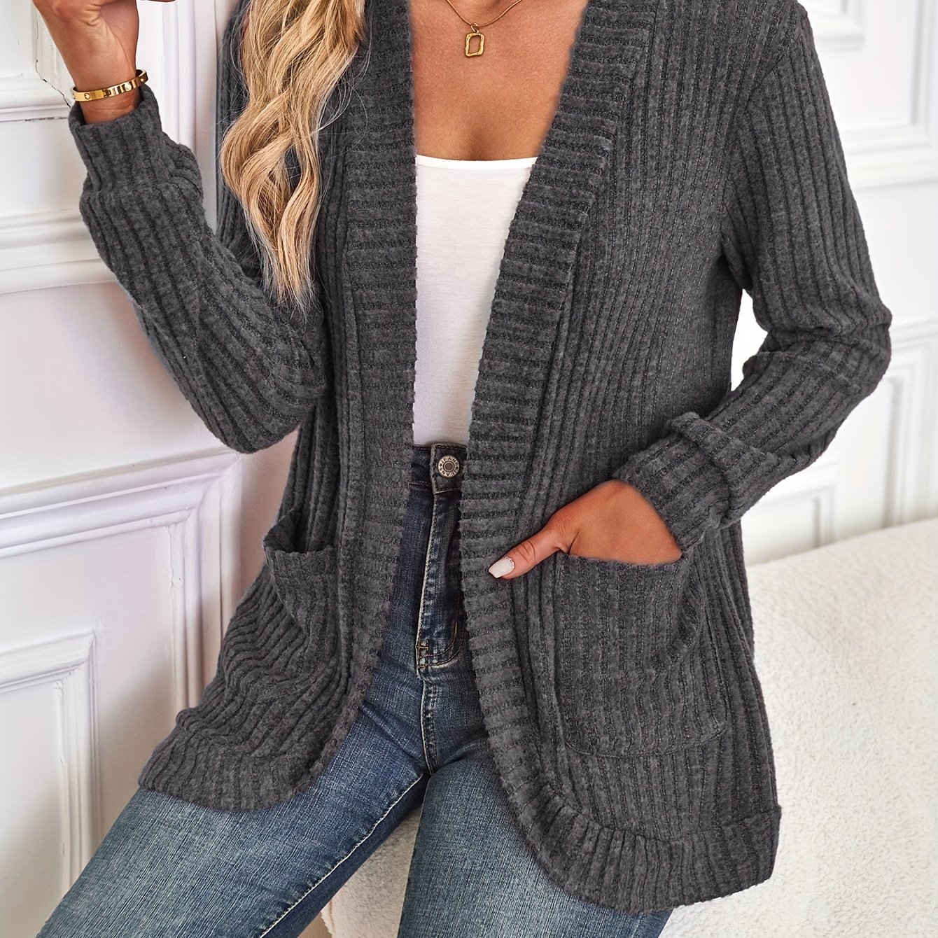 TEMU Solid Open Front Pockets Cardigan, Casual Long Sleeve Knit Outwear For Spring & Fall, Women's Clothing