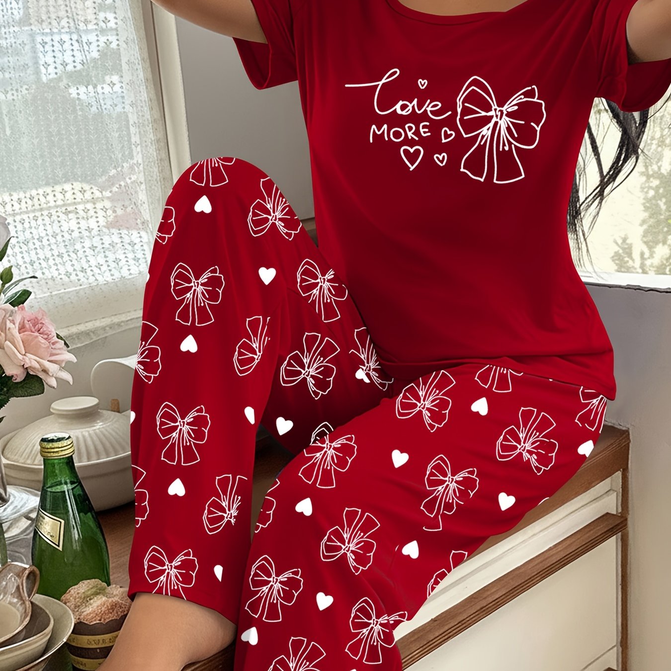 TEMU Pijama de mujer casual con estampado de y y , corto/largo