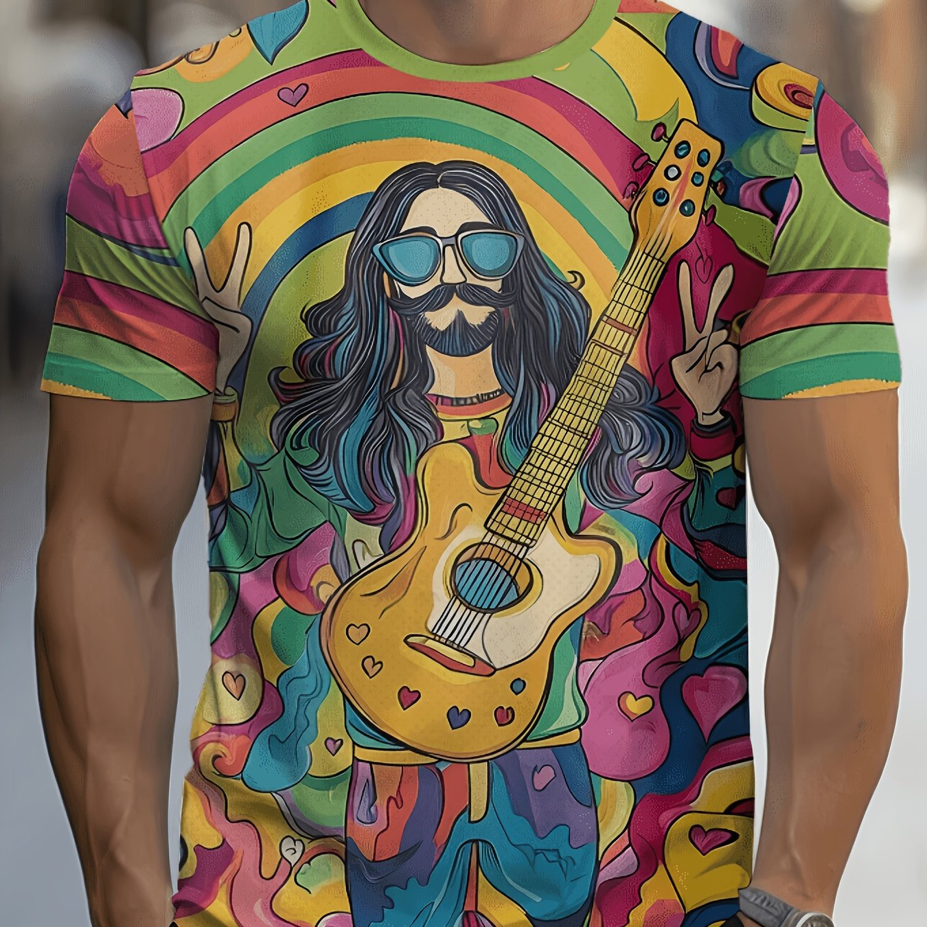 TEMU Men's & Women's Hippie T-shirt With Psychedelic Print - Retro Suitable For Textured Look (printed Design Not Actual Texture) Round Neck Tee,