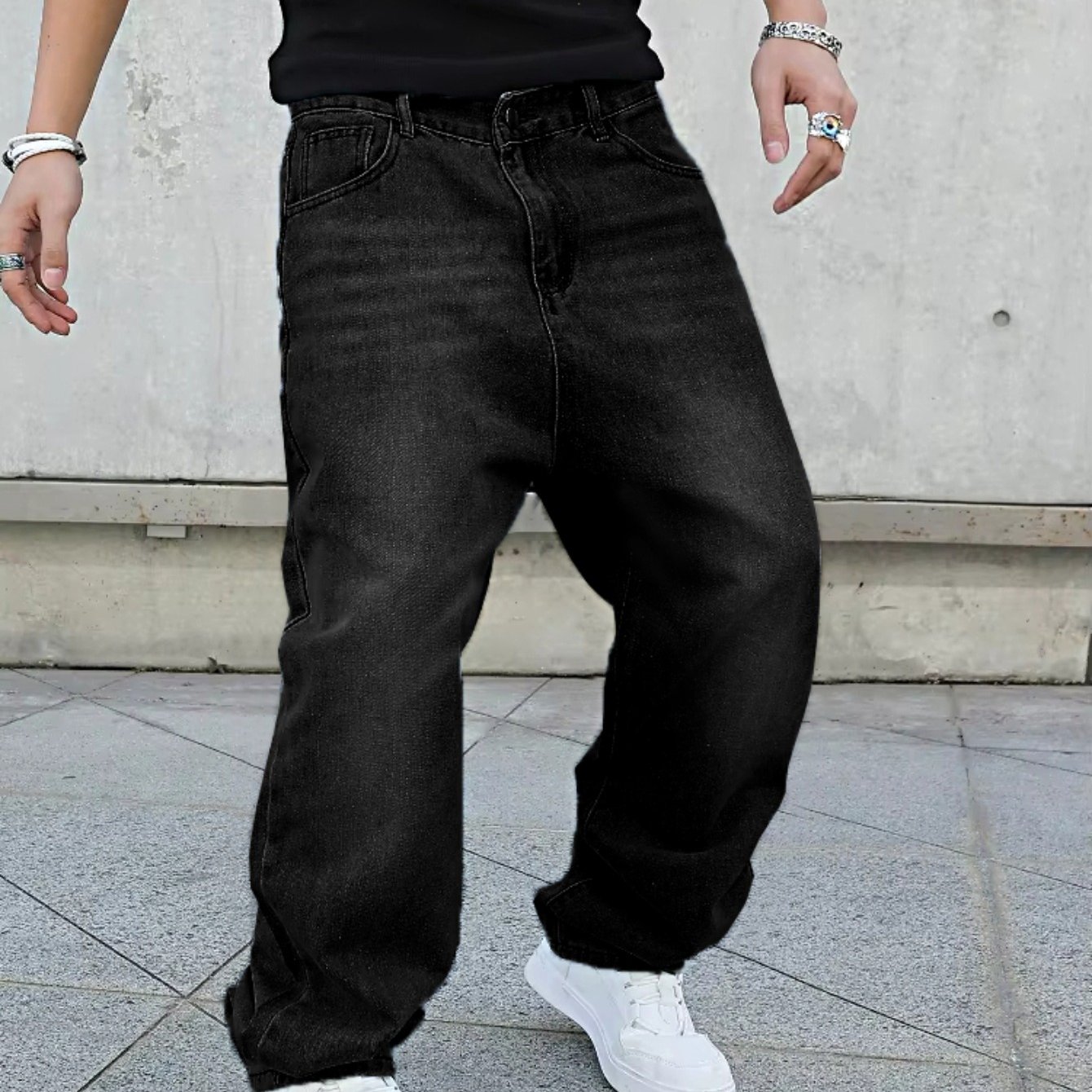 Image of Y2k Rock Hip Hop Jeans, Retro Casual Fashion Loose Jeans For Men, Solid Color Easy Design, Wide Leg Denim Pants, Street Style, Perfect For Summer And Outing Style