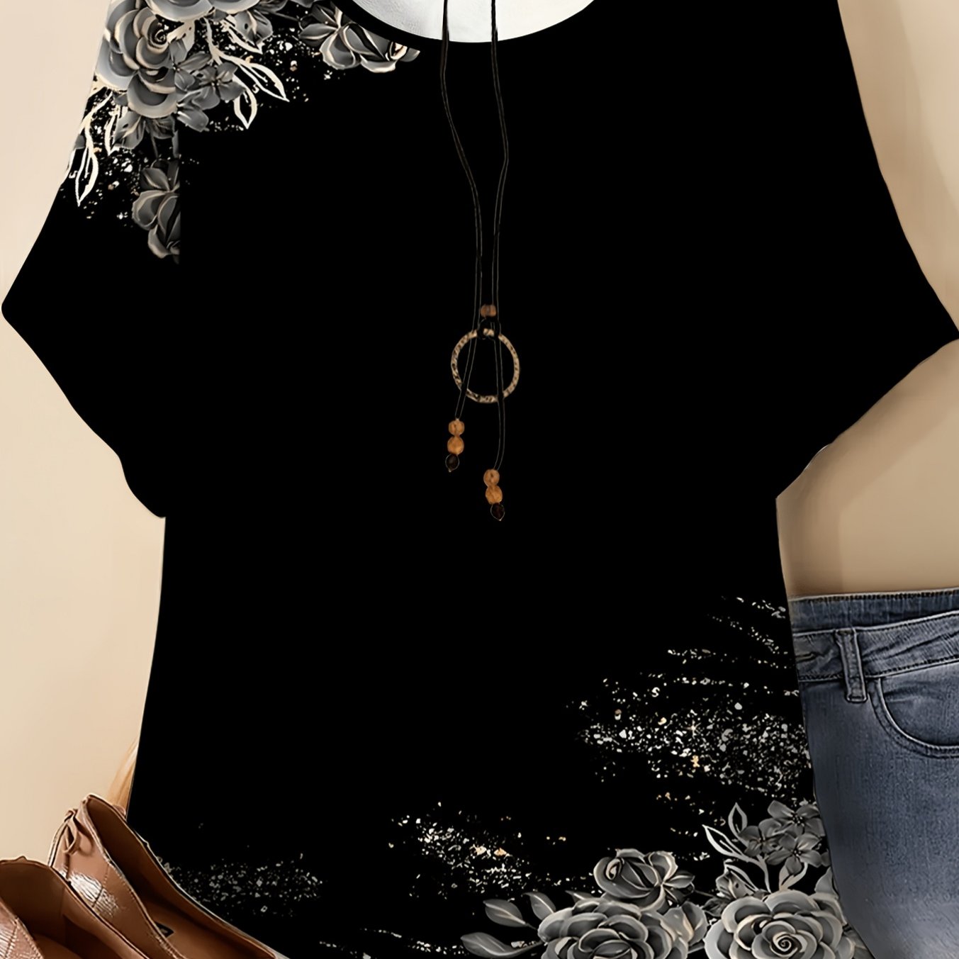 TEMU Plus Size, Plus Sizes Women's T-shirt Features A Solid , With Silvery-gray Rose Floral Designs Adorning The Left Shoulder And Hem Area. Are