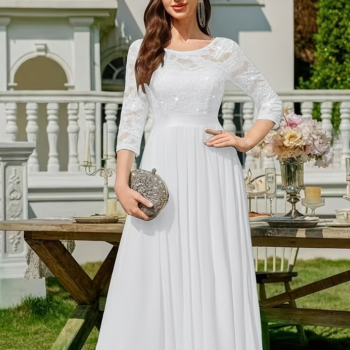 Image of Women's Elegant Lace Sequined Dress With Waist Ribbon And Chiffon Skirt