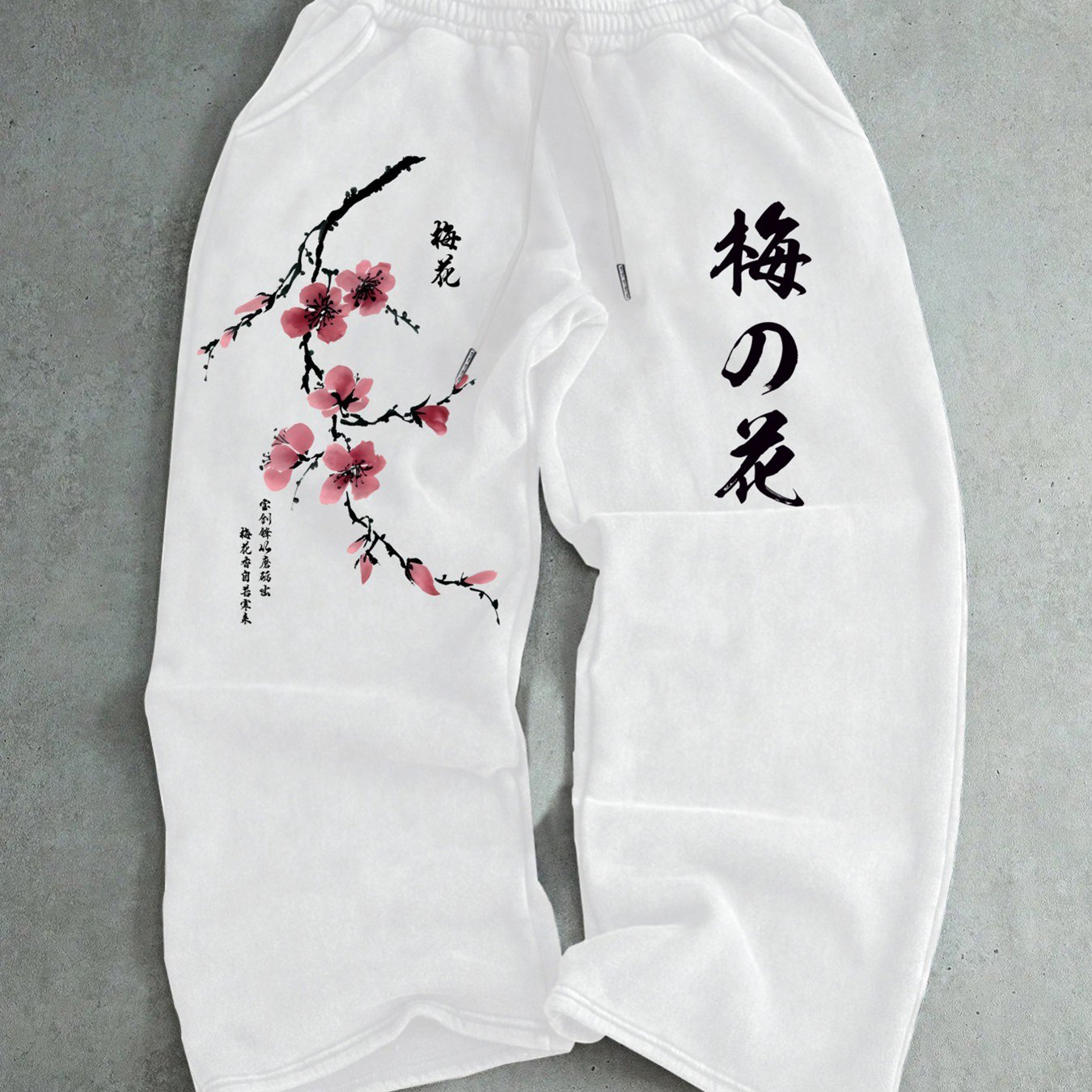 TEMU Men's Casual Pants S-2xl Size Polyester Regular Fit Plum Print   Japanese Text Design Comfortable Skin-friendly Daily Wear Pants Loose Fit