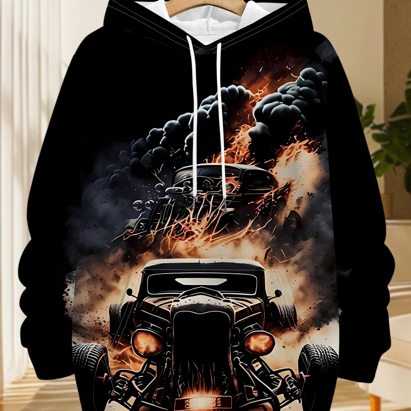 TEMU 's Casual Hooded Sweatshirt - Vintage Modified Car With Raging Flames And Billowing Smoke Behind, Versatile For Holiday Parties And Commuting,