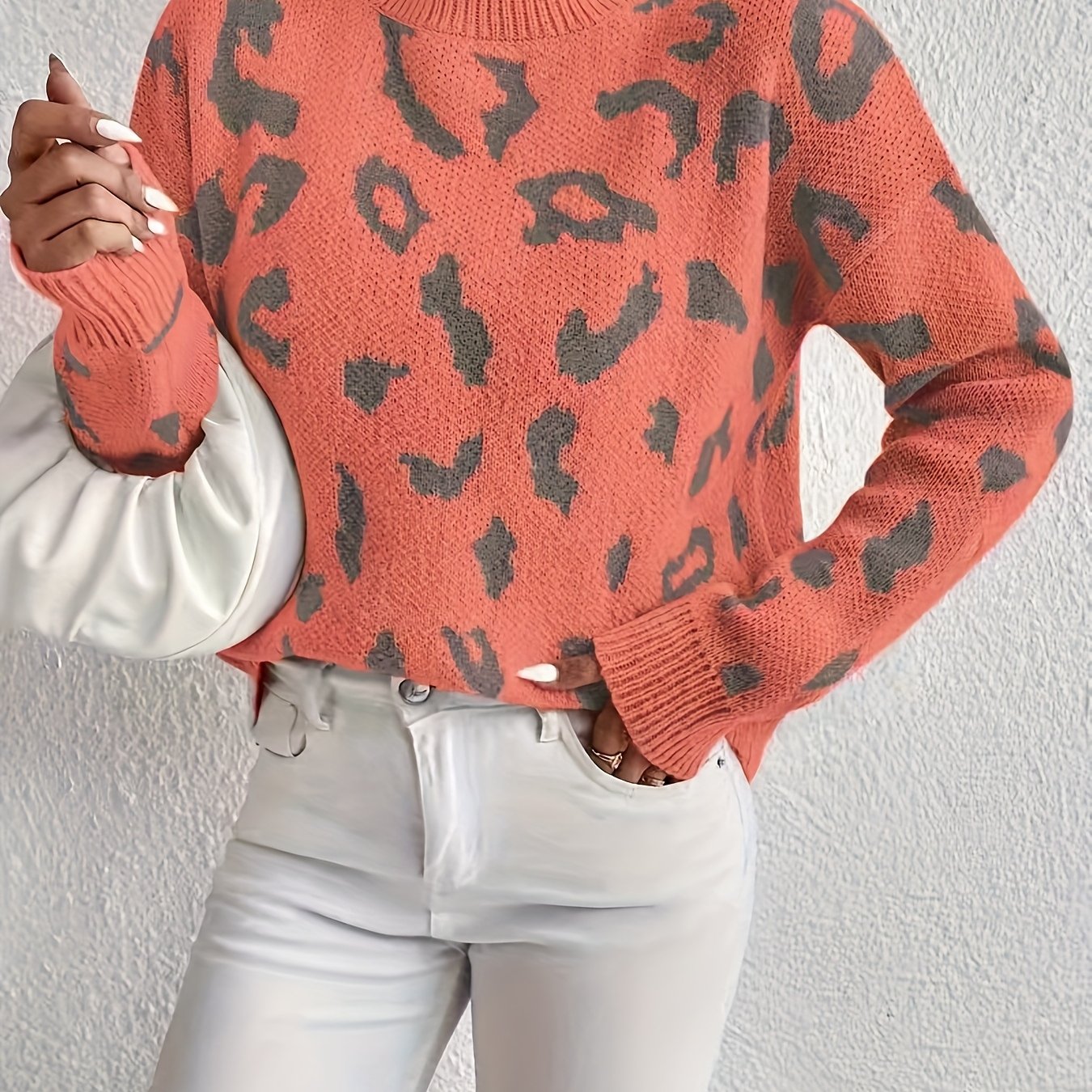 TEMU Autumn Winter New 2026 Women's Jacquard Sweater Elegant Temperament All-match Round Neck Long Sleeve Loose Contrast Color Sweater