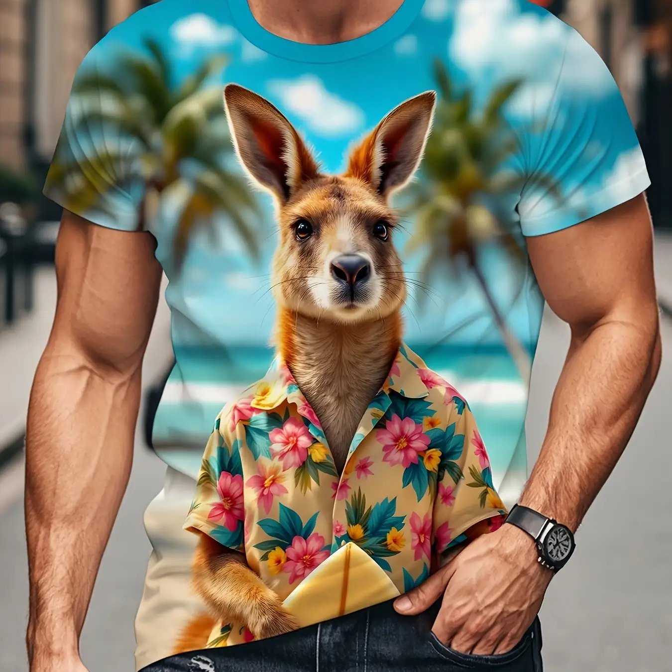 TEMU [printed Design Nottextured] [printed Design Nottextured] Men's T-shirt, Hawaiian Style Kangaroo Pattern T-shirt, Men's [printed
