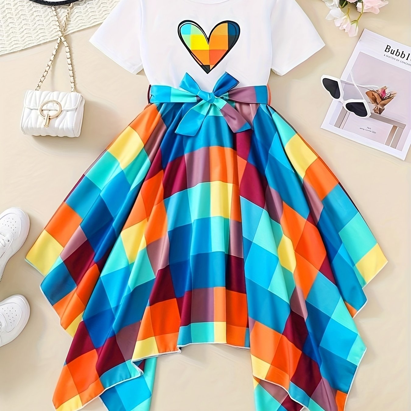 Girl's Heart Print Asymmetrical Hem Short Sleeve Summer Dress,halloween