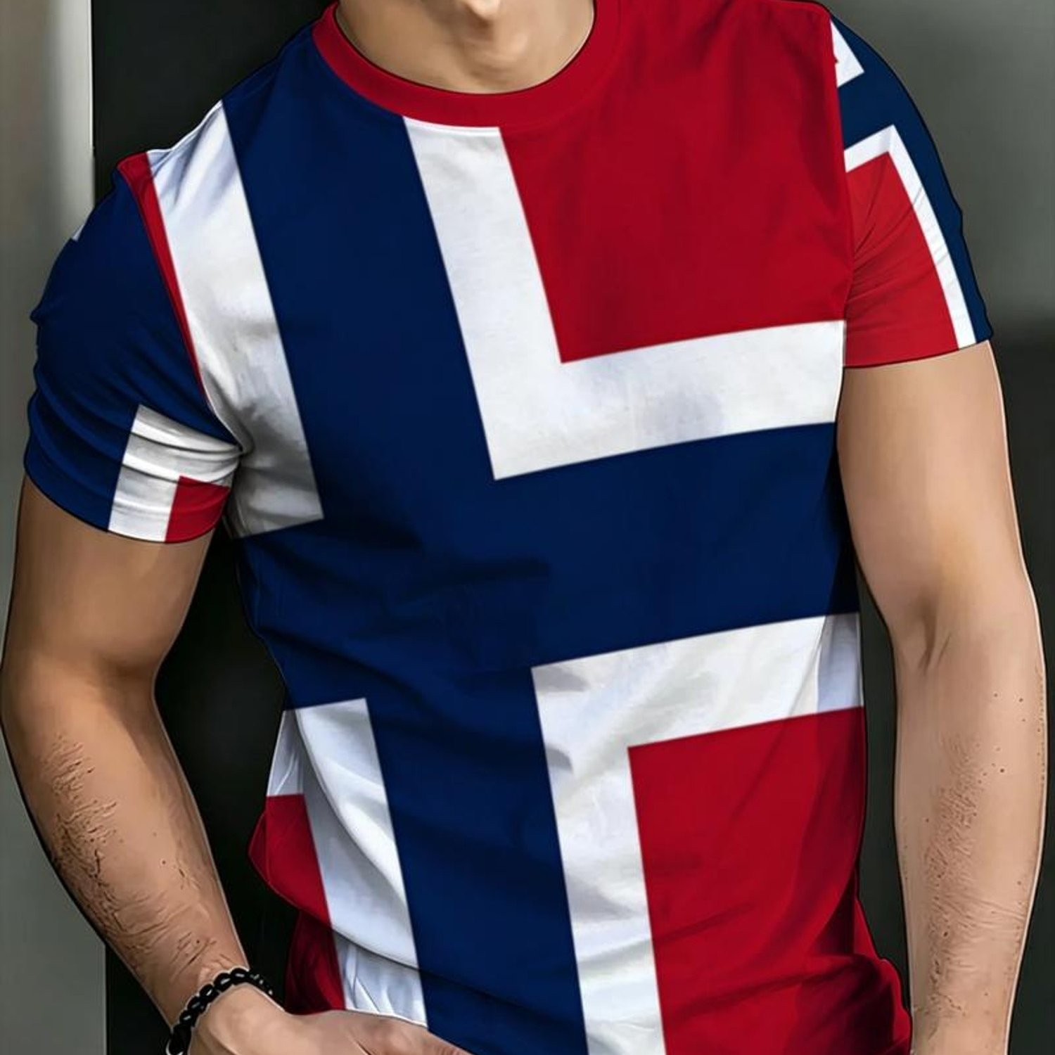 TEMU Men's Flag T-shirt - Casual Short Sleeve Round Neck Tee With , Machine Washable Suitable For , Outdoor Wear & Everyday Use, Standard Fit For And