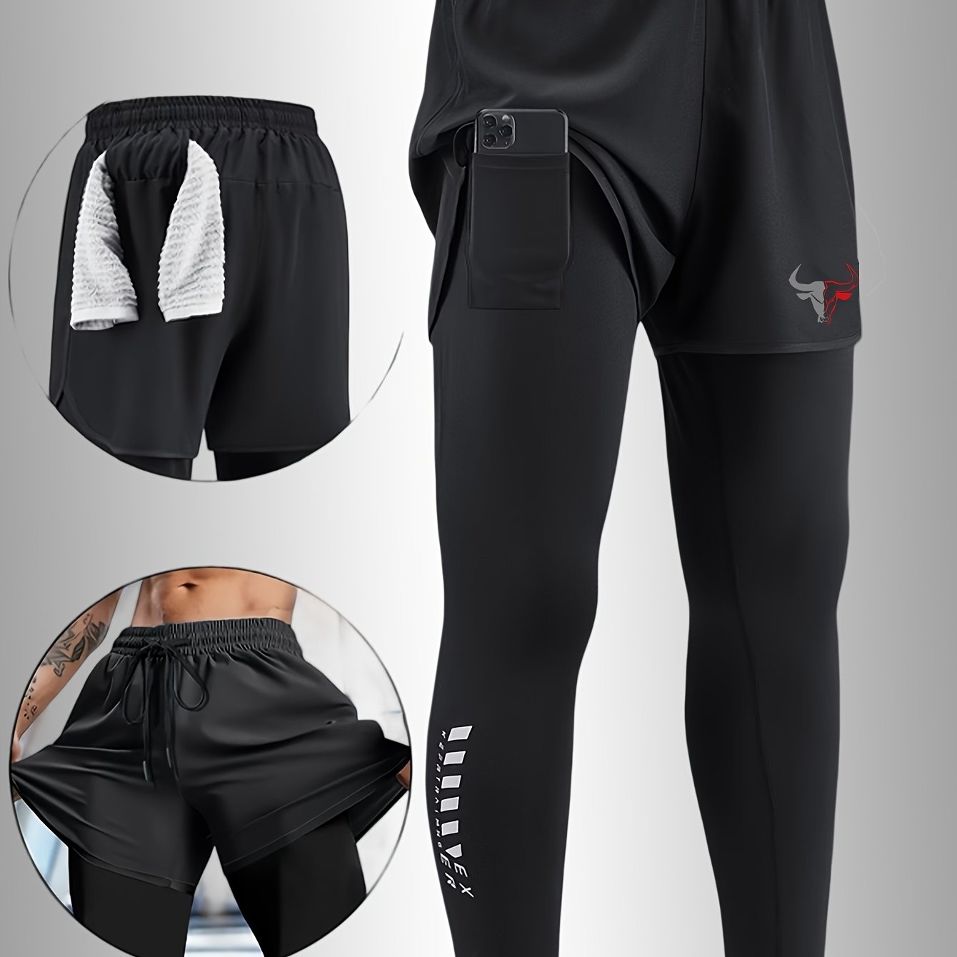 TEMU Unisex Style, False 2pcs Spliced Stretchy Long Pants With Built-in Pockets, Elastic Waist With Drawstring Design, Printed Sport Pants, Suitable
