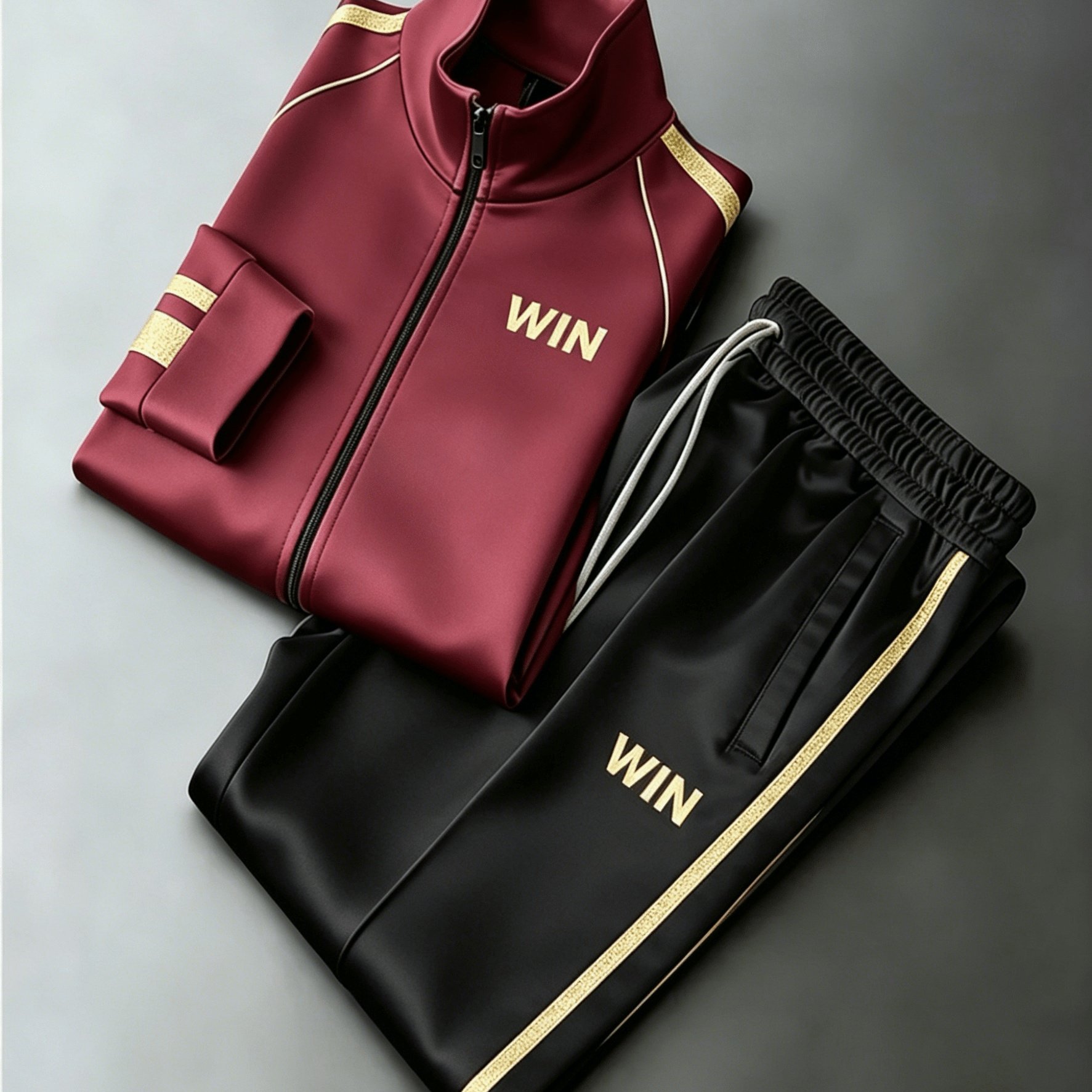 Image of Unisex Maroon And Tracksuit, Zip Up Jacket With Golden Side Stripe Pants, Casual Sportswear, Suitable For , Plus Sizes