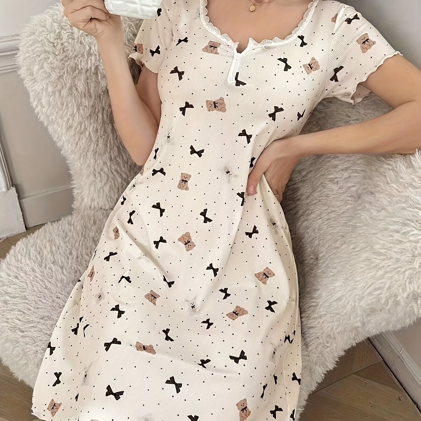 E-shop Damen Elegantes Cartoon-Bär & Schleife Kurzarm-Nachthemd - Pyjama-Kleid mit Rundhalsausschnitt, Mitteldehnbarer Stoff (Ohne Teile),